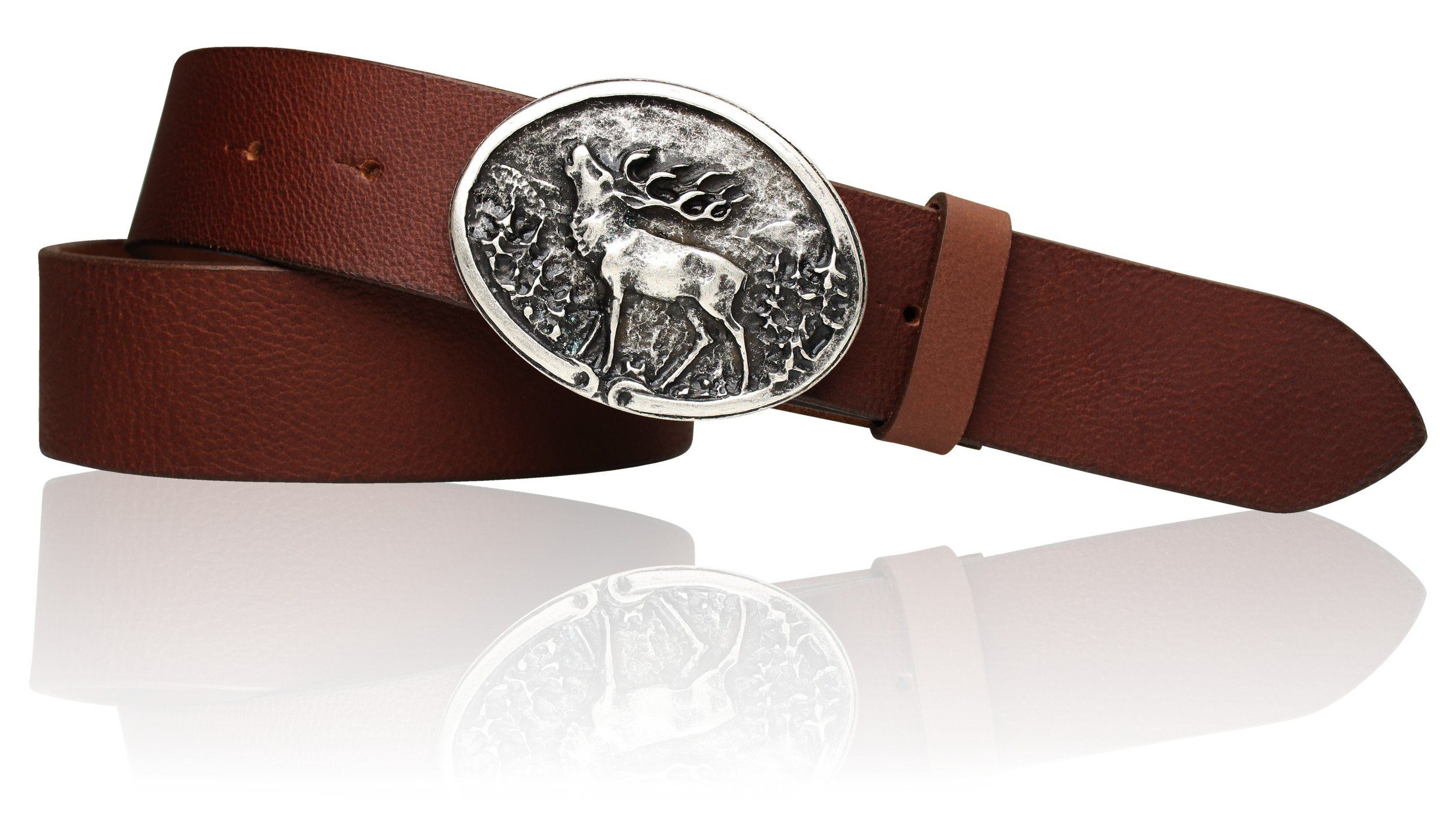 FRONHOFER Koppelgürtel 17745 Trachtengürtel mit Trachtengürtelschnalle Hirsch Motiv in Silber Cognac