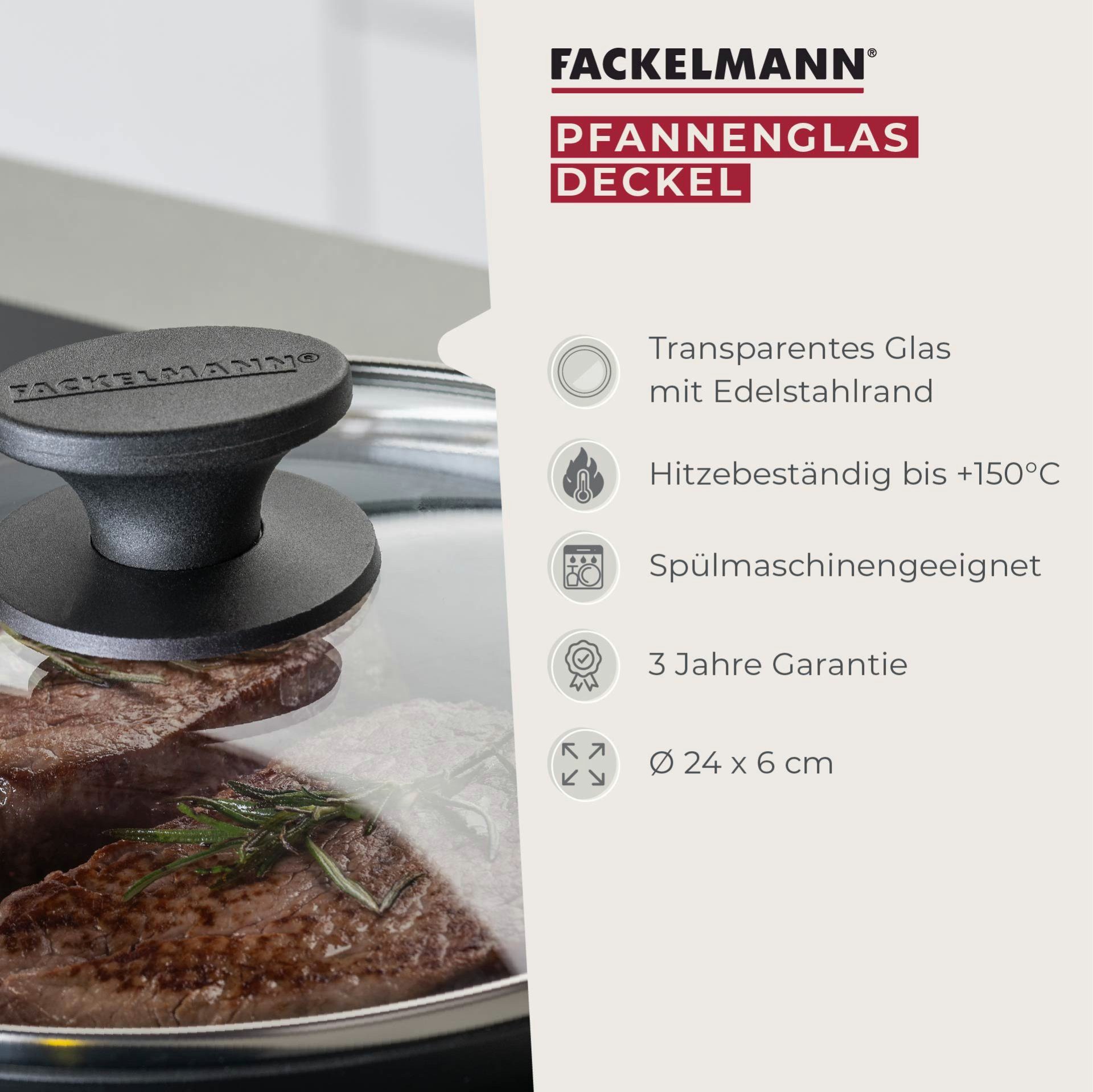 FACKELMANN Pfannendeckel Pfannenglasdeckel 24cm – Hitzebeständig, Bakelit Griff, Universal