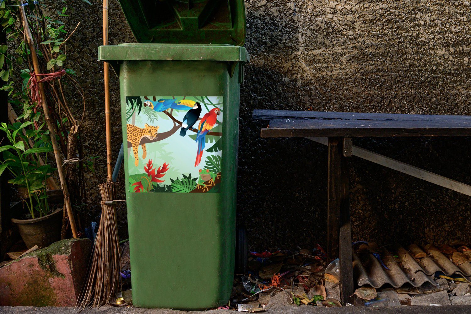 Leopard Abfalbehälter Jungen Mülleimer-aufkleber, - - MuchoWow Container, Mülltonne, Mädchen St), - Sticker, Dschungeltiere Tukan (1 Wandsticker -