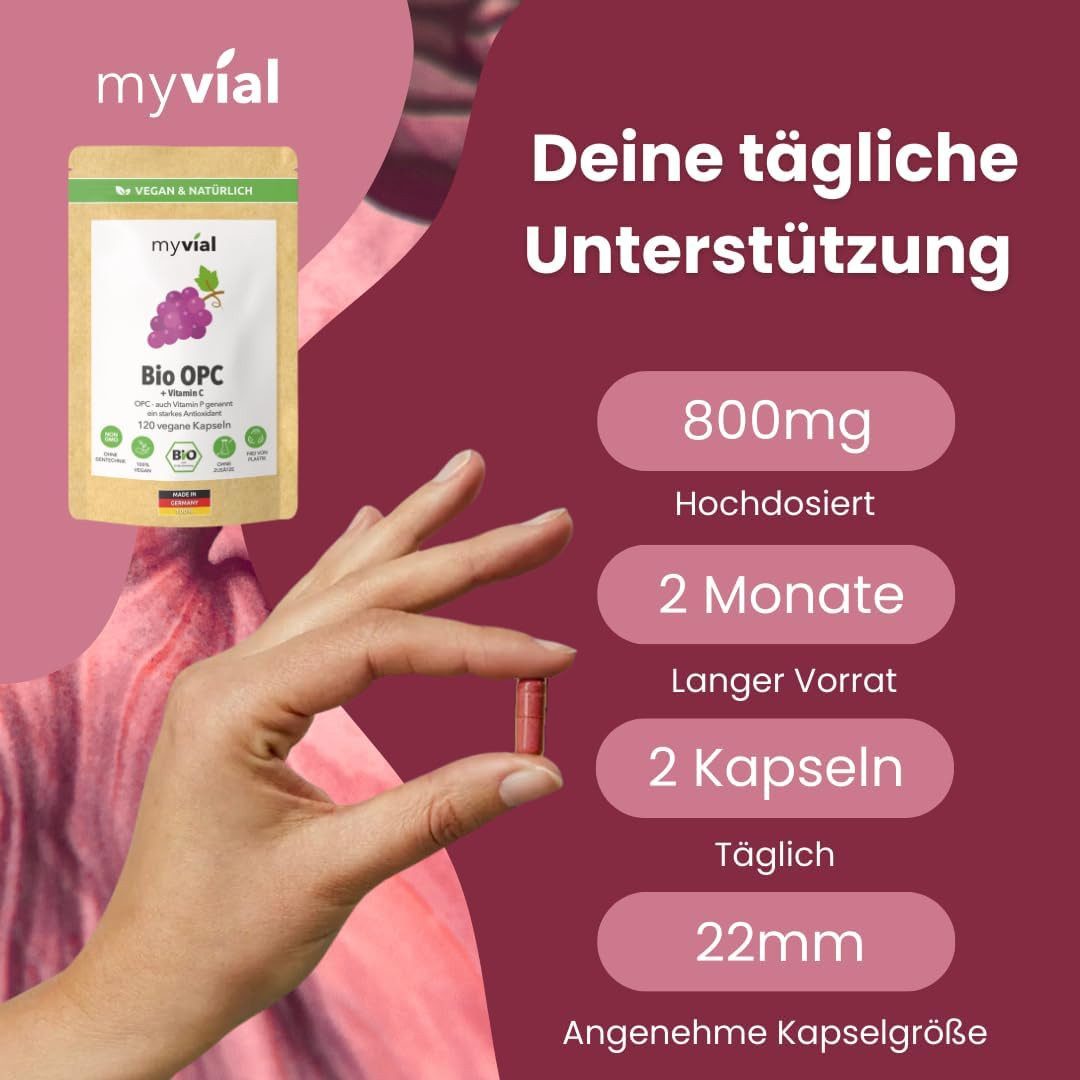myvial Bio OPC Kapseln zur Unterstützung des Immunsystems - hochdosierte Kapseln, vegane Kapseln, Komplex aus Traubenkern-, Aronia- & Acerolapulver à 120 St., plastikfrei verpackt, 60 Tage Vorrat, höchste Qualität