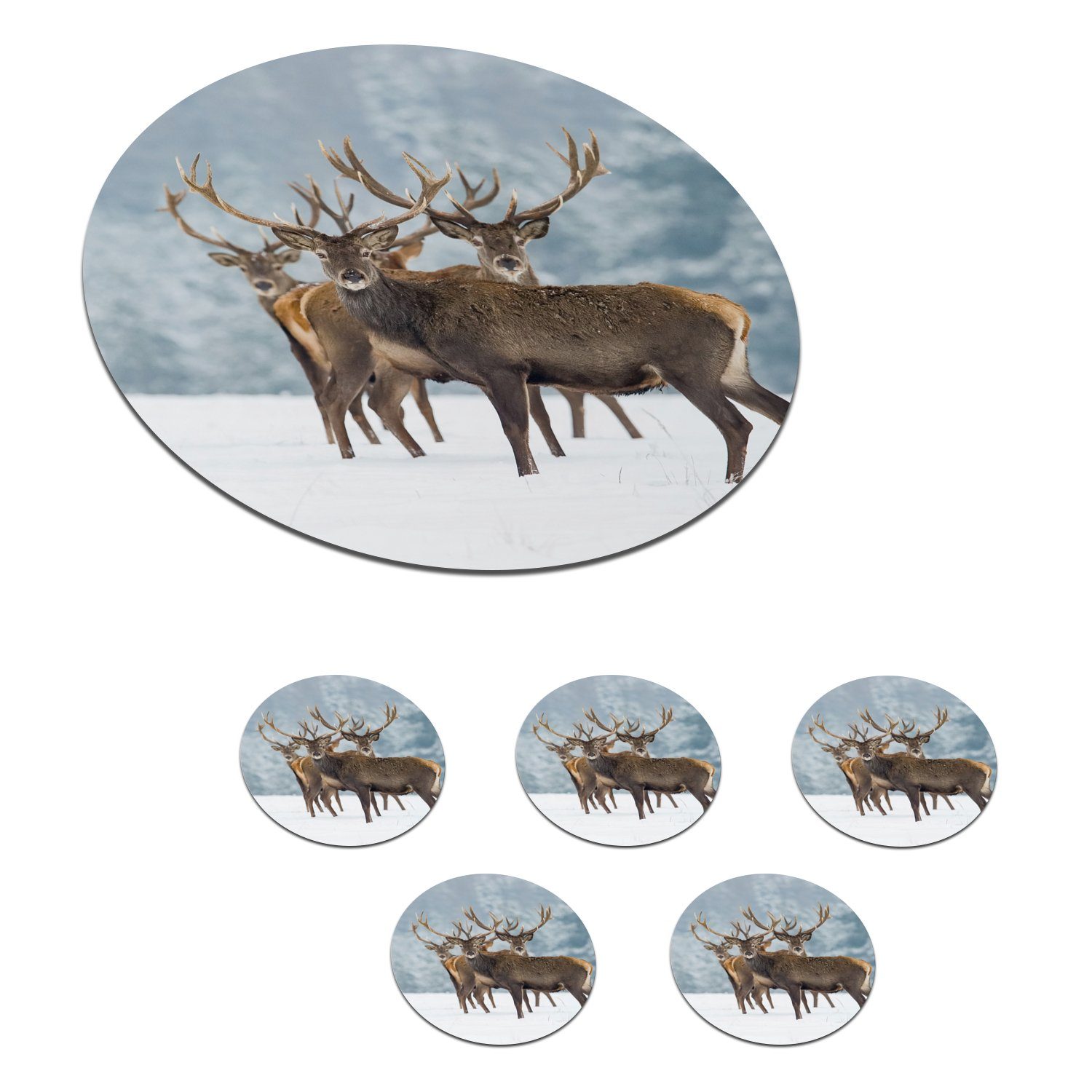 MuchoWow Glasuntersetzer Hirsche - Tiere - Schnee - Winter - Landschaft - Natur, Zubehör für Gläser, 6-tlg., Getränkeuntersetzer, Tassenuntersetzer, Korkuntersetzer, Tasse, Becher