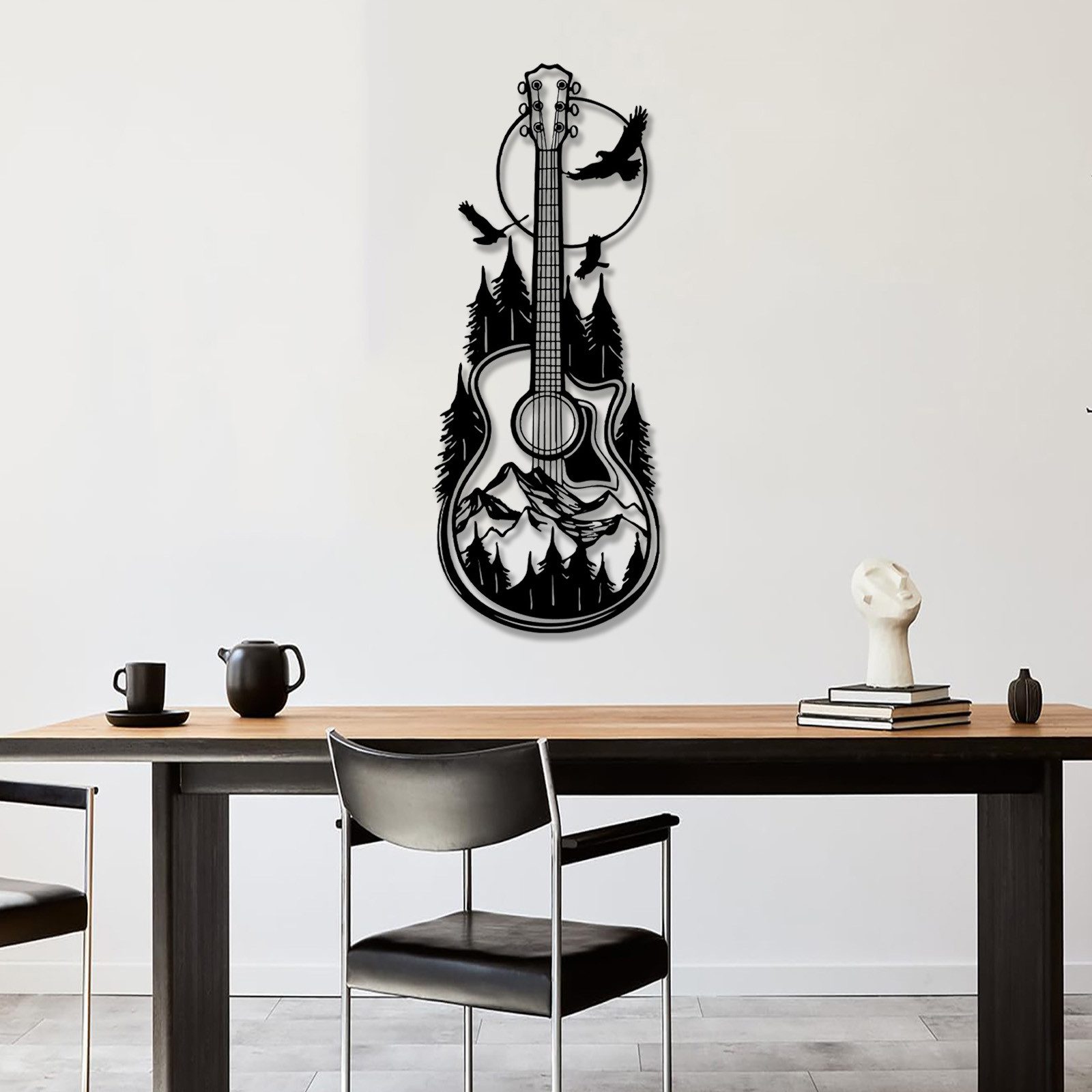 Jumpeak Wanddekoobjekt Bergwald Gitarre Wanddekoration,Abstrakte Sonne,Vogel,Musik Elemente, Metallmaterial, 4 Farben, 4 Größen