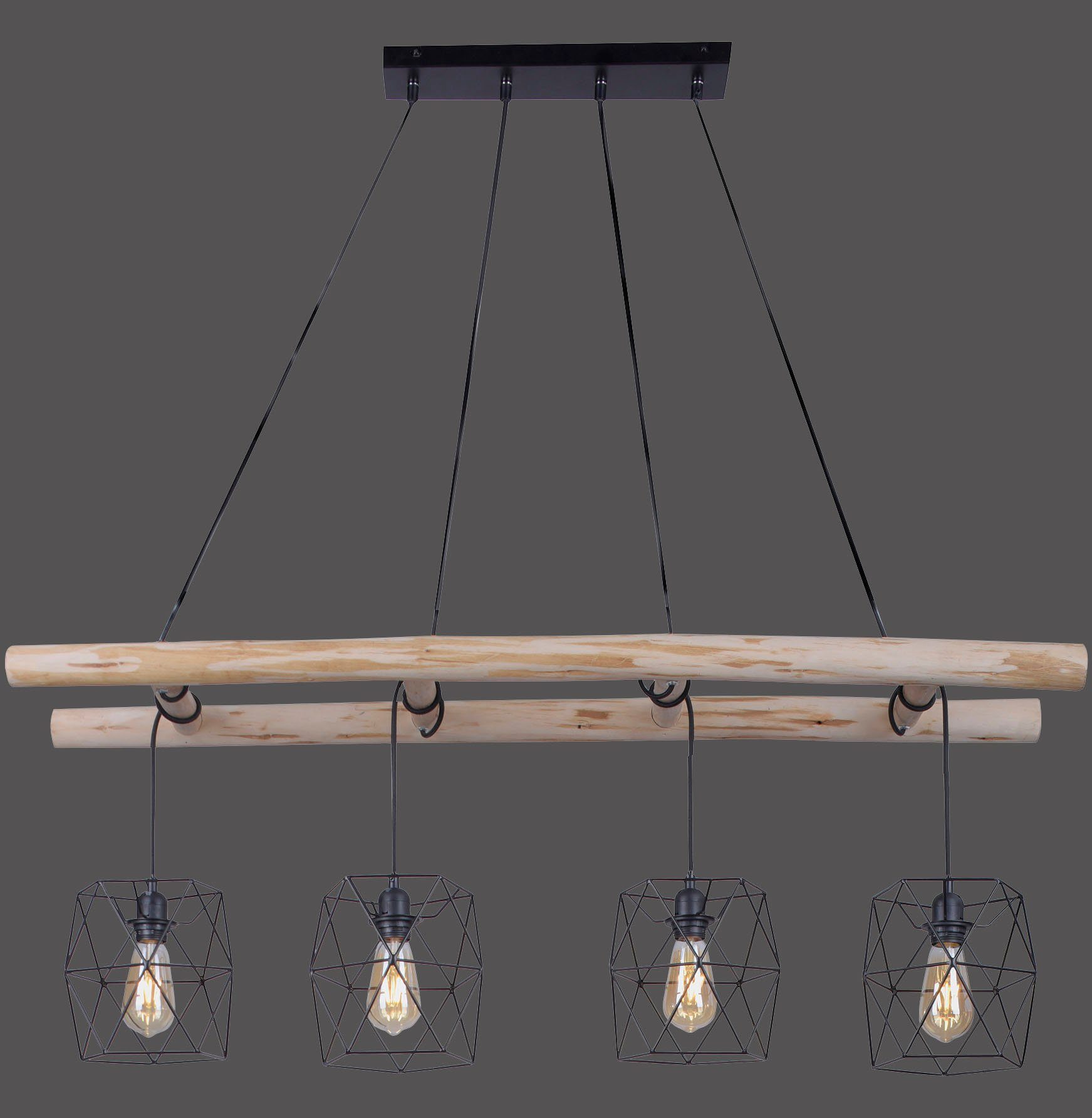 Leuchten Direkt Kombination & ohne Ein-/Ausschalter, Holz; Metallkörbchen Pendelleuchte aus Leiter-Optik EDGAR, lack. Leuchtmittel, rustikalem LED