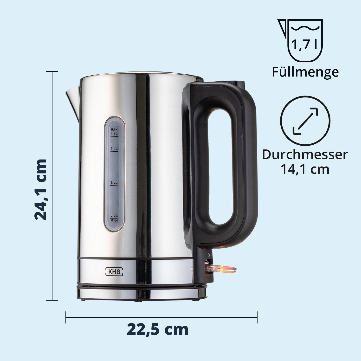 KHG Wasserkocher WK-1702 ES aus Edelstahl, 1,7 Liter Fassvermögen, Abschaltautomatik, 1.7 l