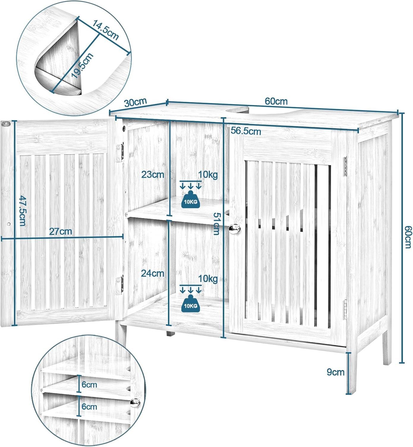 EUGAD Waschbeckenunterschrank (1-St) aus Bambus, Verstellbarer Einlegeboden, 60x60x30cm