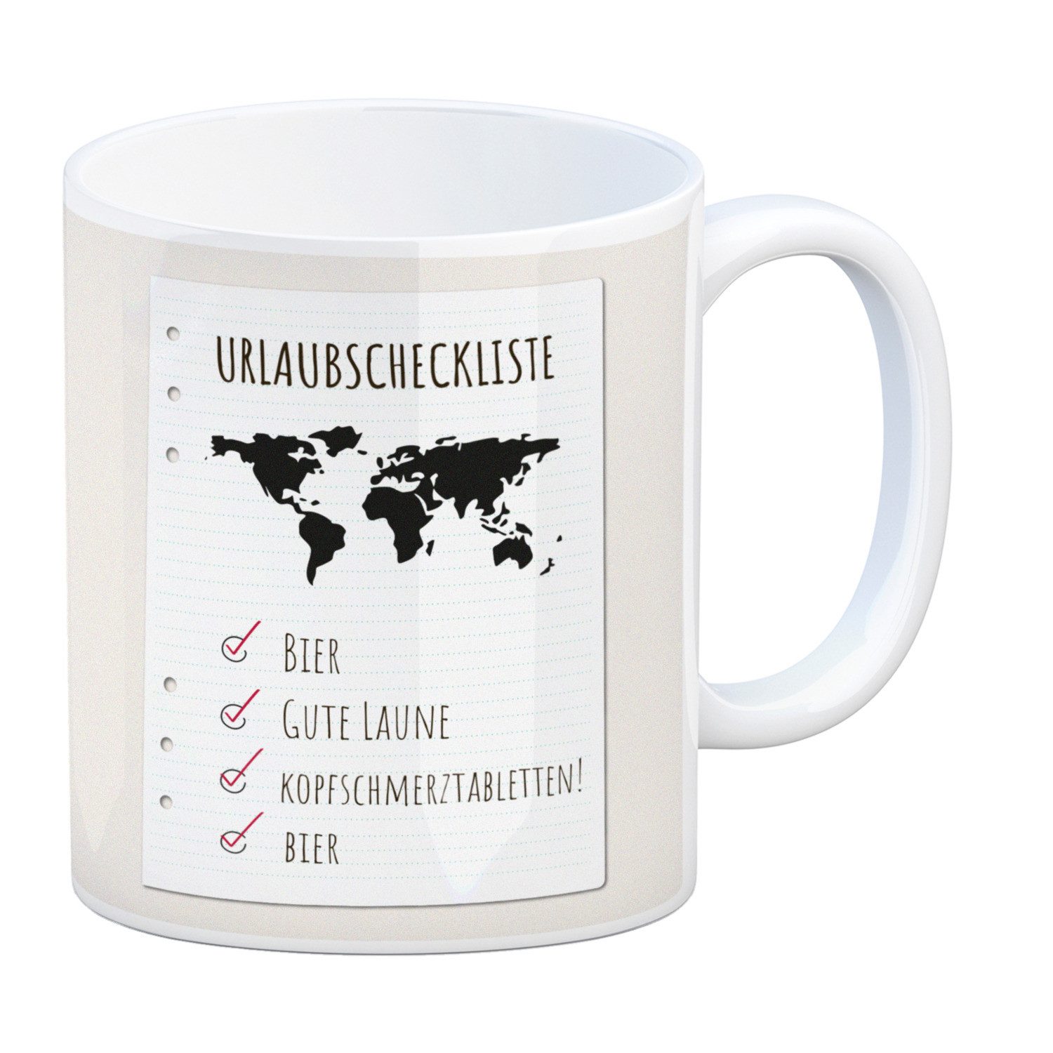 speecheese Tasse Kaffeebecher Urlaubscheckliste für Partyurlaub mit Weltkarte
