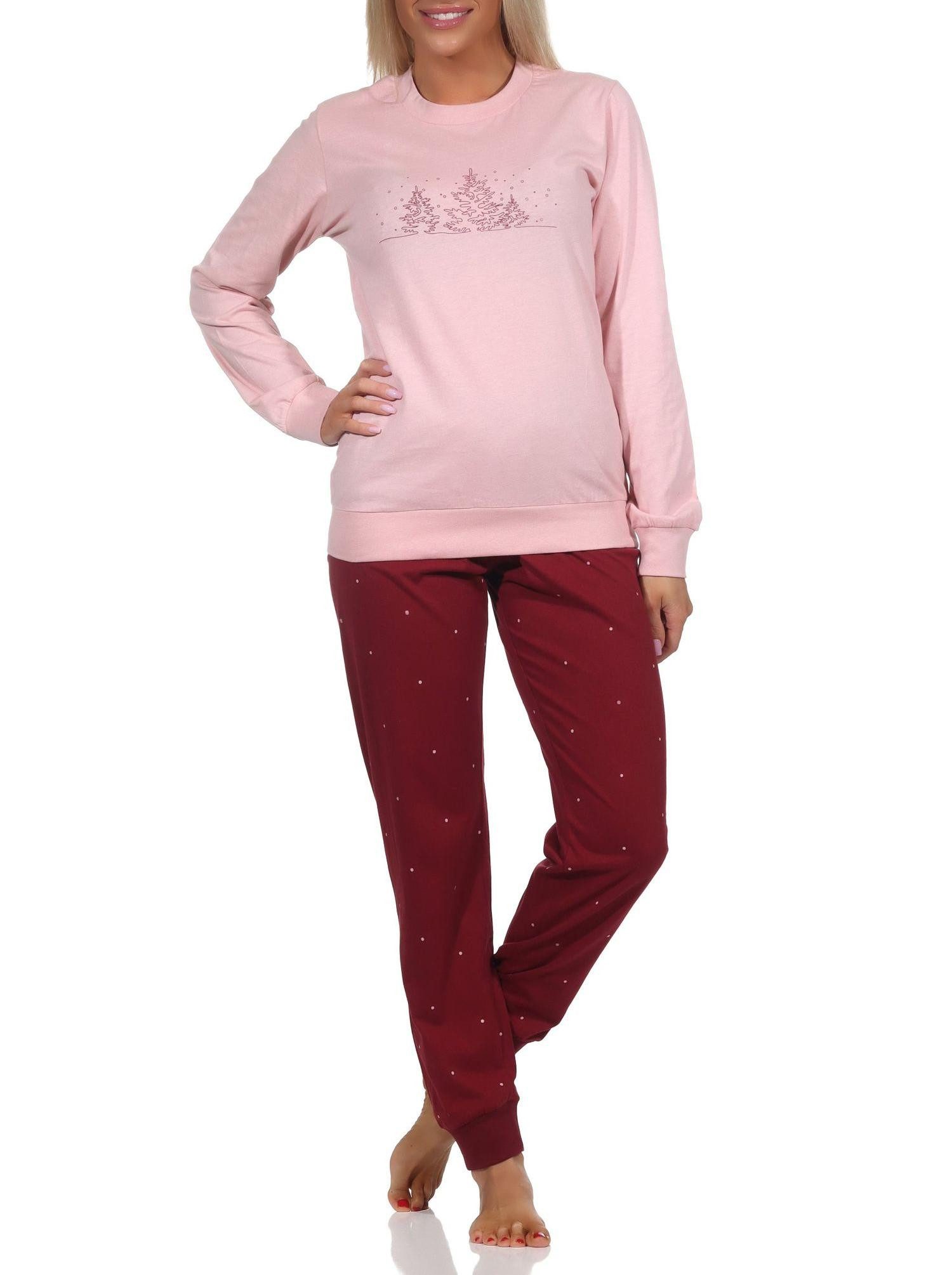 Normann Pyjama Normann Damen langarm Schlafanzug mit Bündchen in winterlicher Optik