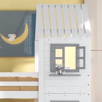 Fangqi Kinderbett Etagenbetten mit Fallschutzbrettern, Haltegriffen und Fenstern (Bettrahmen aus Kiefernholzrahmen - geeignet für Kinder, Jugendliche)