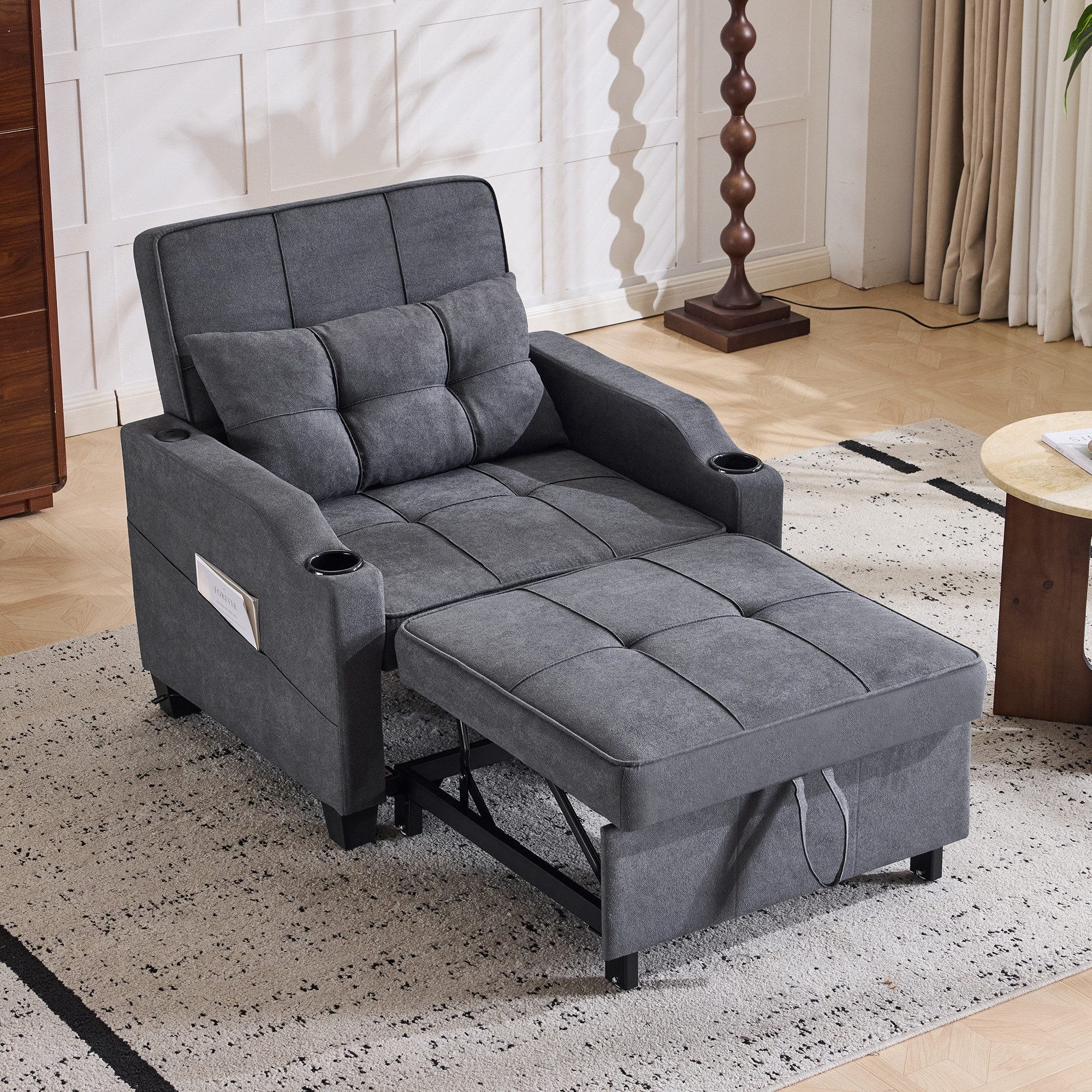 Odikalo Loungesessel Schlafsofa Einzelsofa Loungesessel mit Schlaffunktion (3-in-1 Ausziehbares Einzel-Schlafsofa – Mit Getränkehaltern und USB Anschluss, Sofa-Liegestuhl, Schlafstuhl, Sessel, perfekt für kleine Räume, Dunkelgrau)