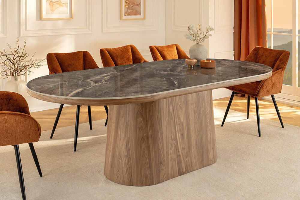 riess-ambiente Esstisch UNIQUE 200cm Keramik grau – oval, Walnuss Säulenfuß braun (Einzelartikel, 1-St), moderner Materialmix, Design-Tisch, Esstisch für 8 Pers – Bild 4 von 5