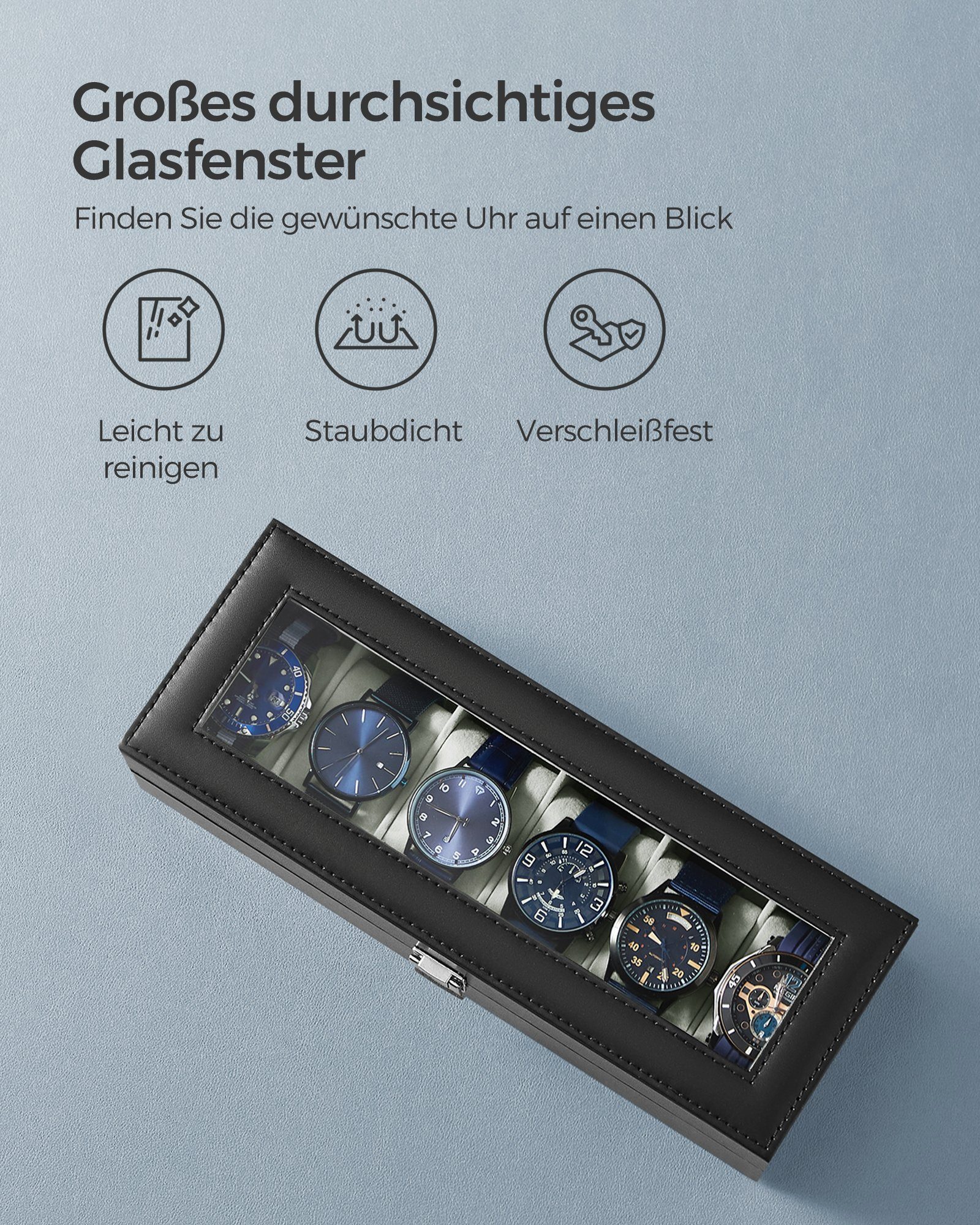 SONGMICS Uhrenbox Uhrenkasten, herausnehmbare Uhrenkissen, Geschenkidee, Glasdeckel, PU-Bezug, Samtfutter, 3/6 Fächer – Bild 4 von 5