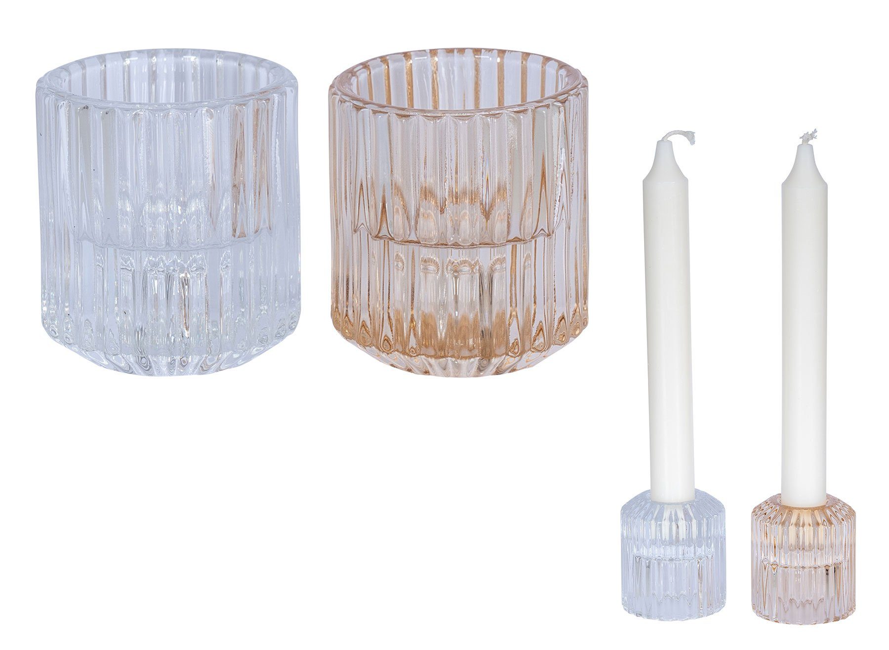 Levandeo® Teelichthalter, 2er Set Kerzenständer Stabkerzen Glas Transparent 2in1 Kerzenhalter Klar/ Braun