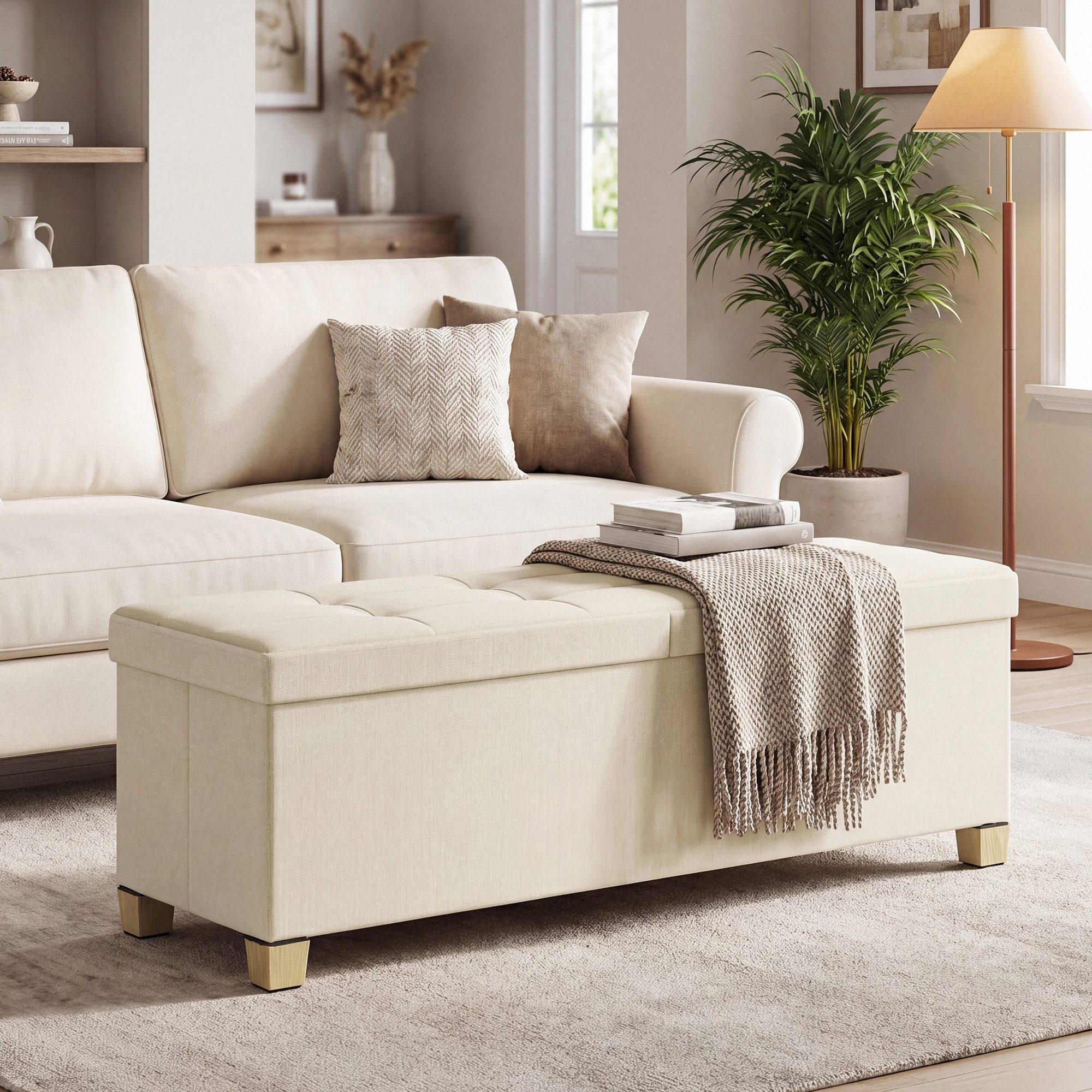 SONGMICS Sitzhocker Sitzbank mit Stauraum, Aufbewahrungsbox mit Deckel groß, Sitztruhe mit Füßen, Klappdeckel, Bettbank, Leinenoptik, 110 cm