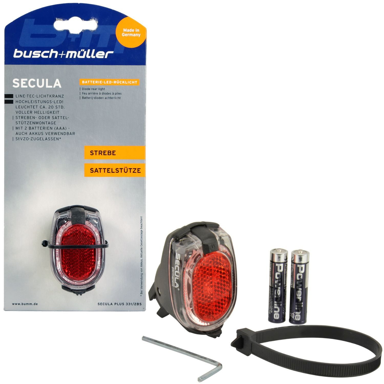 Busch + Müller Fahrrad-Rücklicht Secula Fahrrad LED Rücklicht Batterie Licht Hinten, Fahrrad-Lampe StVZO Beleuchtung Reflektor Halterung Licht Hinten