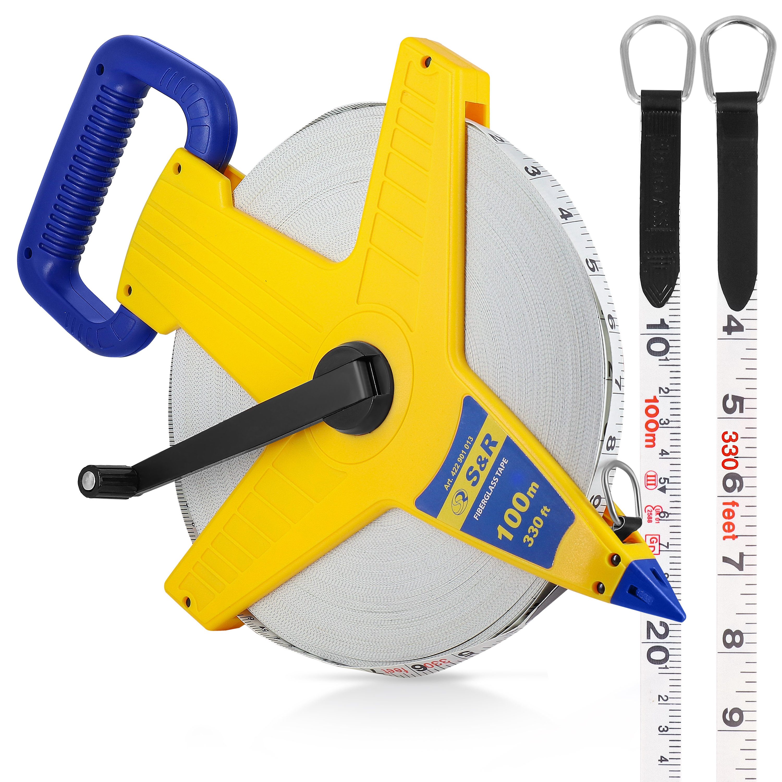 S&R Maßband Fiberglas 100m / 330 Ft-Fuß doppelt markiert, Rollband Breite 13mm, Maßband mit Metallring und Zentrierspitze in MM und Zoll