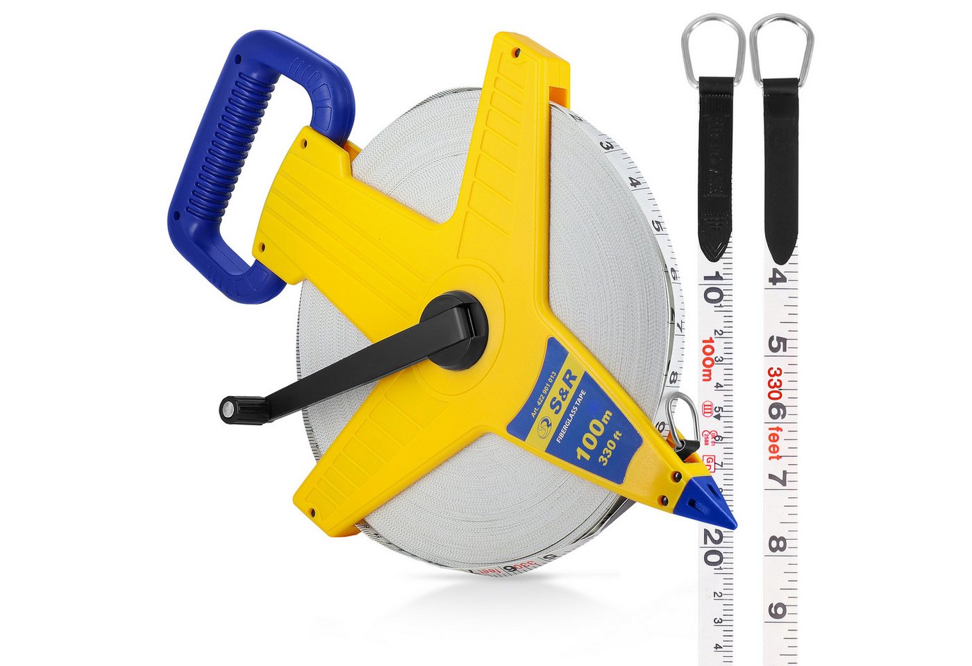 S&R Maßband Fiberglas 100m / 330 Ft-Fuß doppelt markiert, Rollband Breite 13mm, Maßband mit Metallring und Zentrierspitze in MM und Zoll