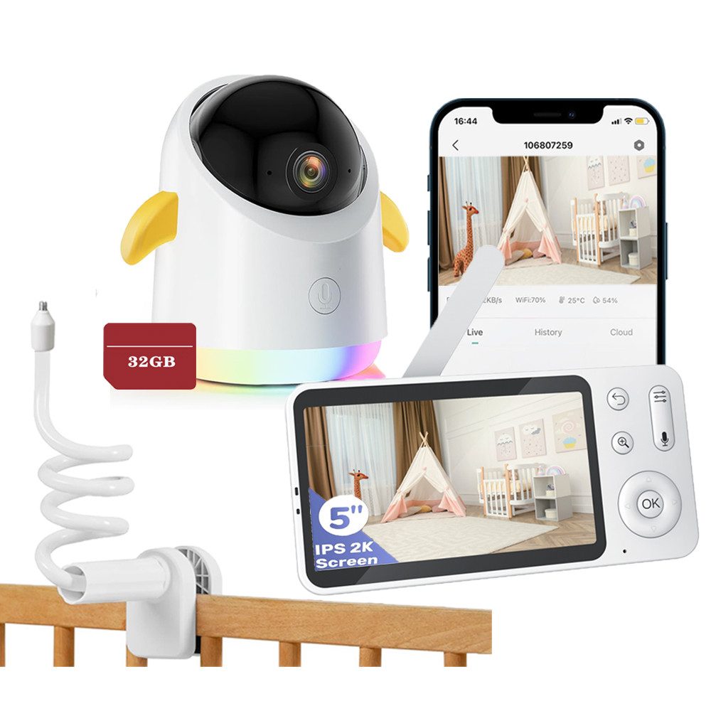 Babyphone 2K/5,0 Zoll WLAN Babyphone mit Kamera und App IR/RBG Nachtsicht