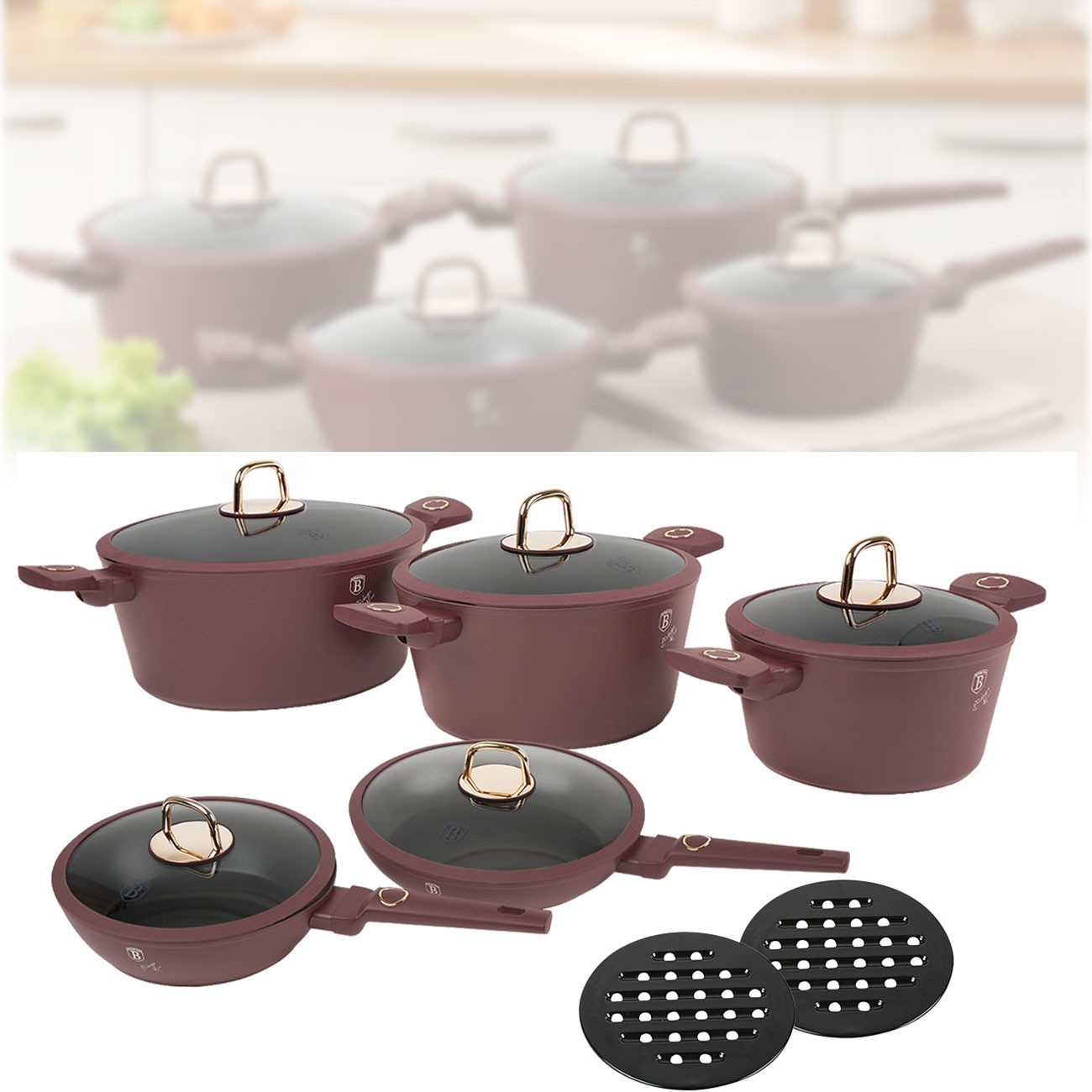 BerlingerHaus Topf-Set Kochset, 10-teilig, bordeaux, Titan-Antihaft, für alle Herdarten, (10-tlg), Umweltfreundlich - Blei- und Cadmiumfrei
