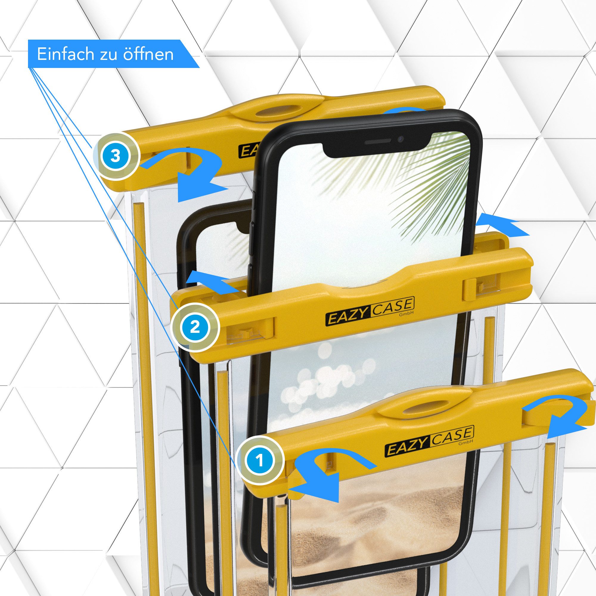 EAZY CASE Handyhülle Universale Unterwasser-Tasche für viele Modelle 3,5 - 6,7 Zoll, wasserdichte Handytasche Unterwasser Fotos Tauchen Schutz Gelb Dunkel