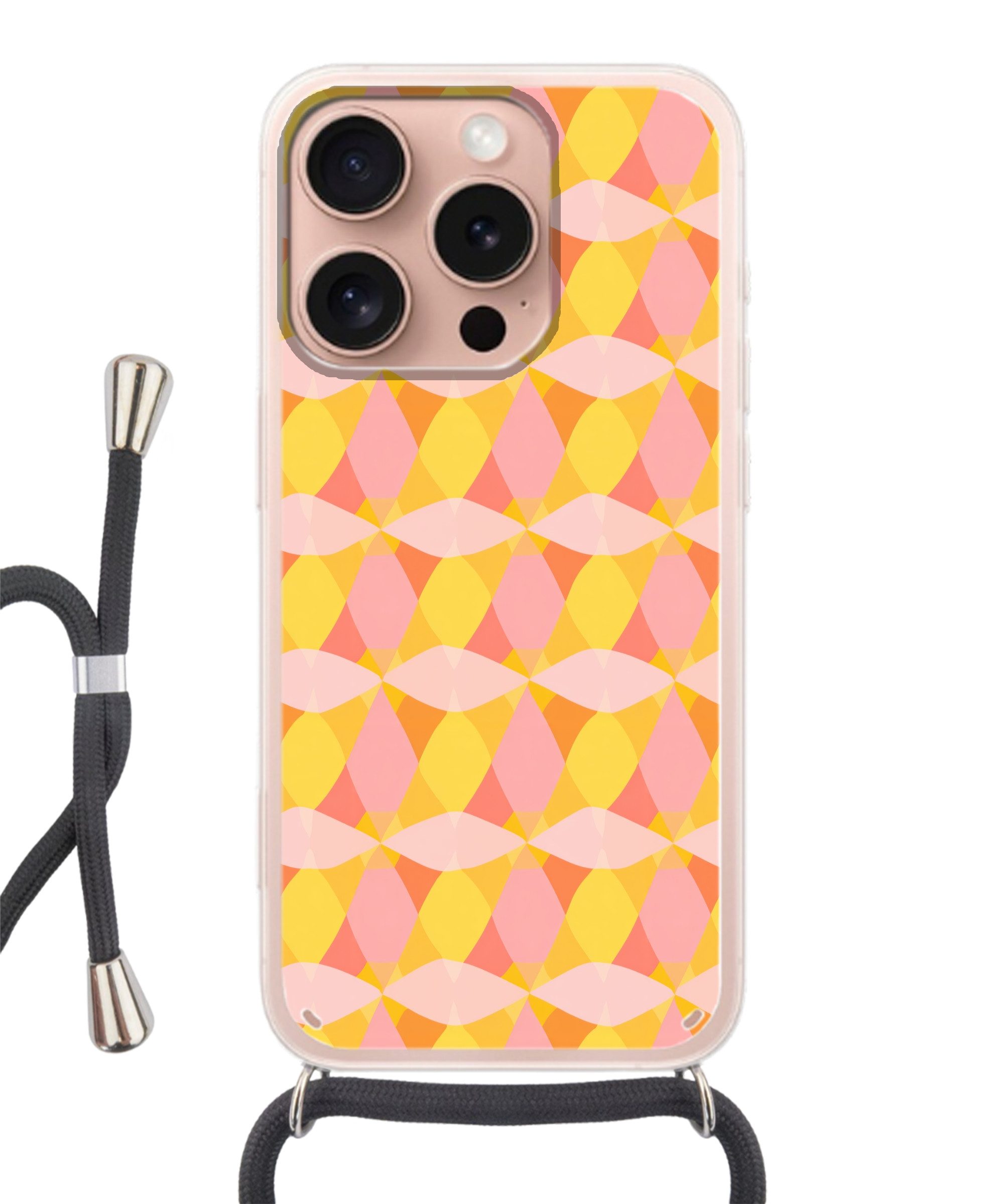 MuchoWow Handyhülle für Apple iPhone 16 Pro Bunt - Schachbrettmuster - Blattformen, Tragbare Handyhüllen mit Kette zum umhängen, Handykette Handyband