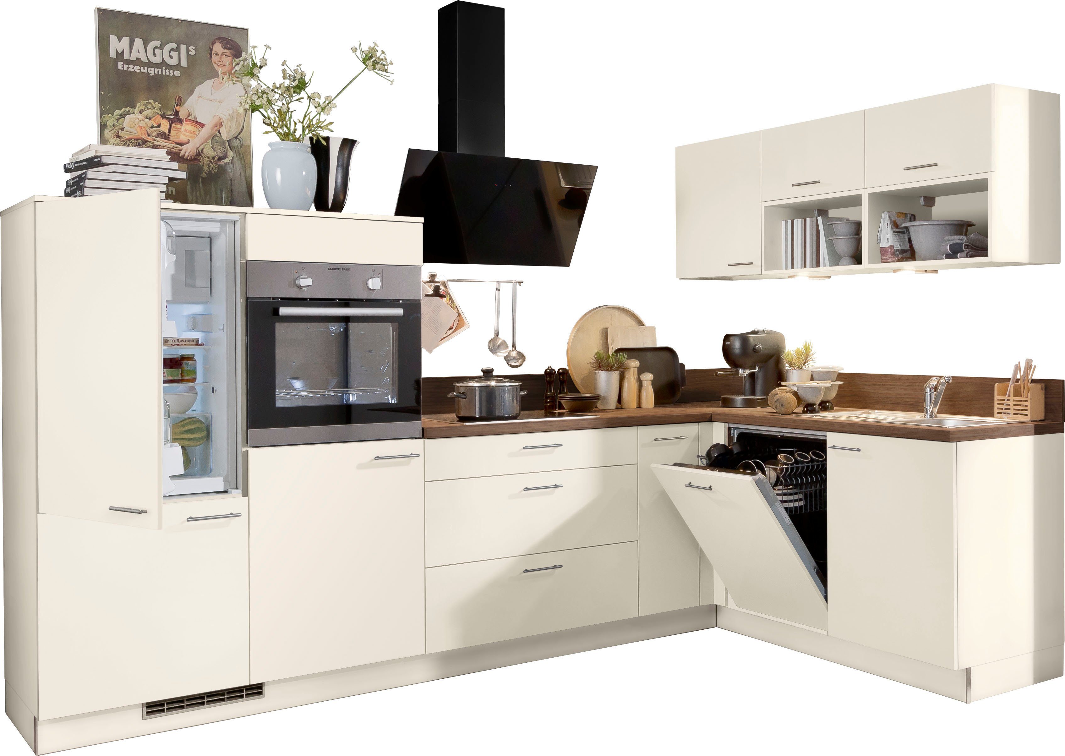 KOCHSTATION Küchenzeile KS-Scafa, mit höhenverstellbaren Füßen, vormontiert, wahlweise mit E-Geräten, Stellbreite 305 x 185 cm