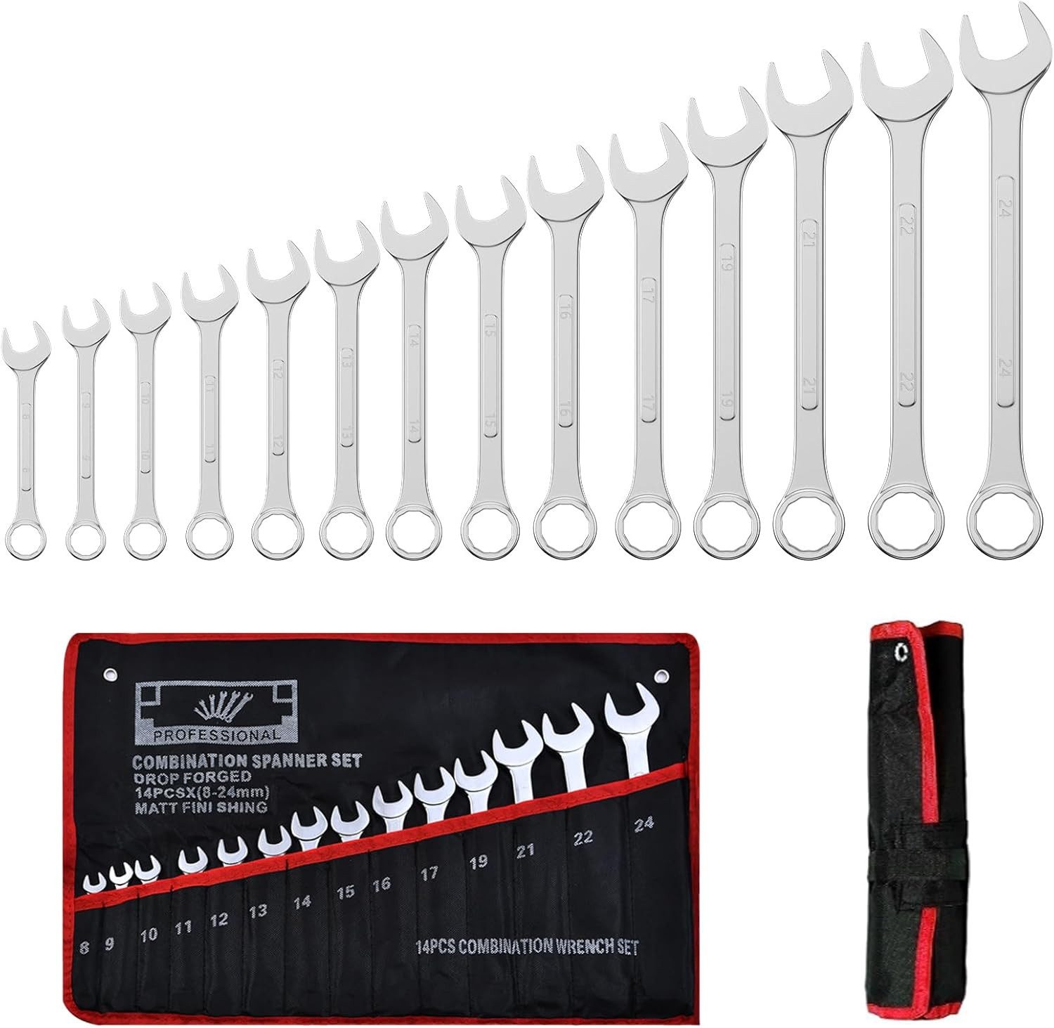 ibettertec Ratschenringschlüssel 14 Stück Ratschenschlüssel Set, 8-24 mm Ringmaulschlüssel Satz (14 St), Schraubenschlüssel mit 12 Zähnen zum Befestigung und Demontage