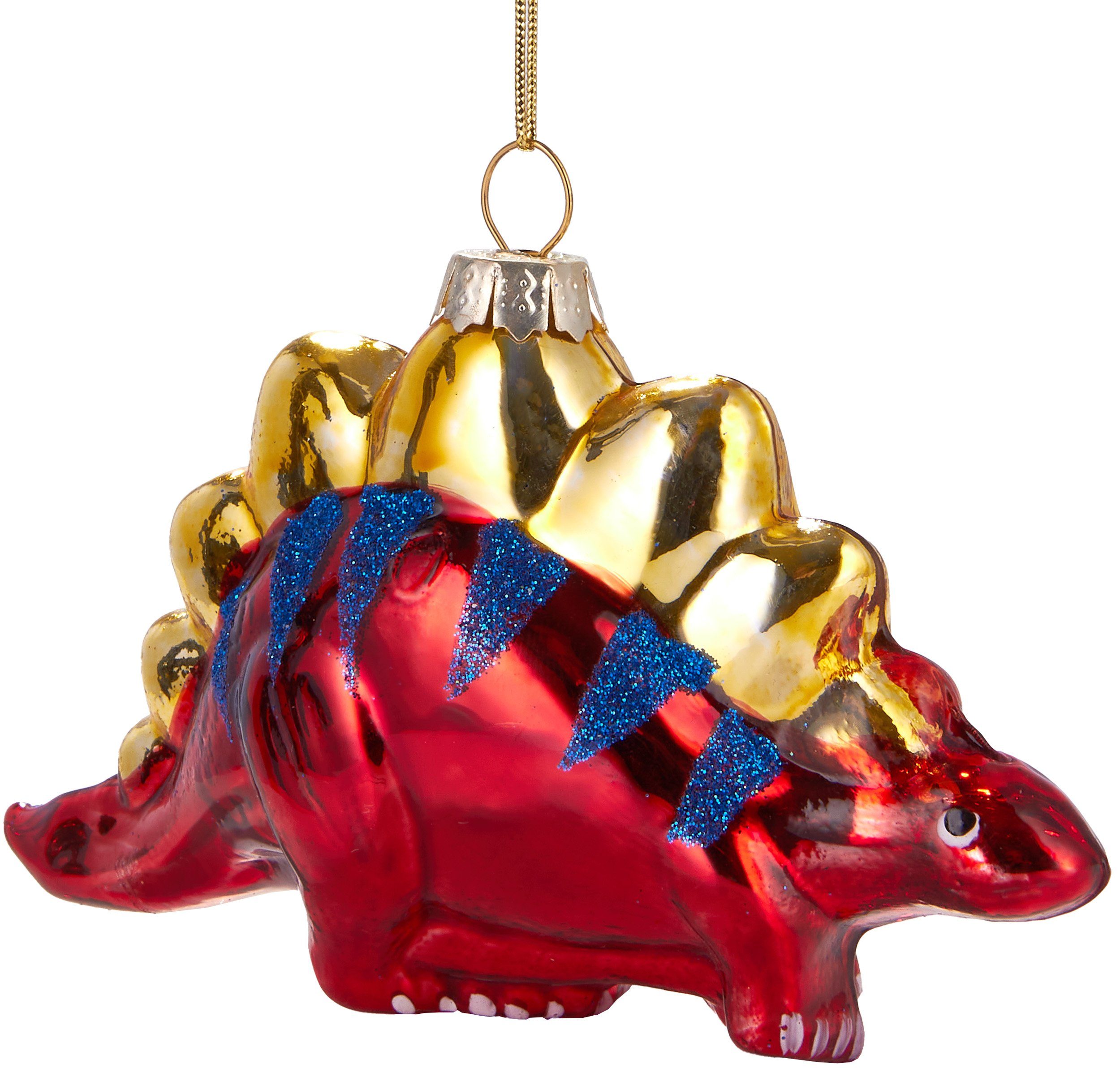 BRUBAKER Christbaumschmuck Kunstvolle Weihnachtskugel Rot-blauer Dinosaurier, mundgeblasene Weihnachtsdekoration aus Glas, handbemalt - 11.5 cm | Dekohänger