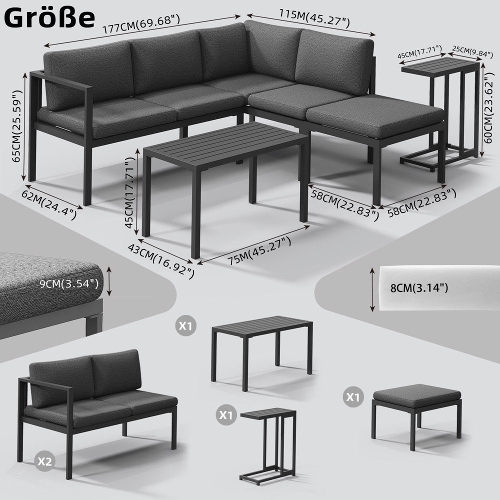 Melko Sitzgruppe 5-teiliges Gartenmöbel-Set aus Aluminium mit Tisch, Hocker und Kissen, (Sitzgruppen-Set, 5-tlg., 2 Sofa-Elementen, 1 Tisch, 1 Beistelltisch, 1 Hocker sowie Auflagen), Flexible Eck-Sitzgruppe mit Aluminiumgestell mit Teslin-Sitzflächen