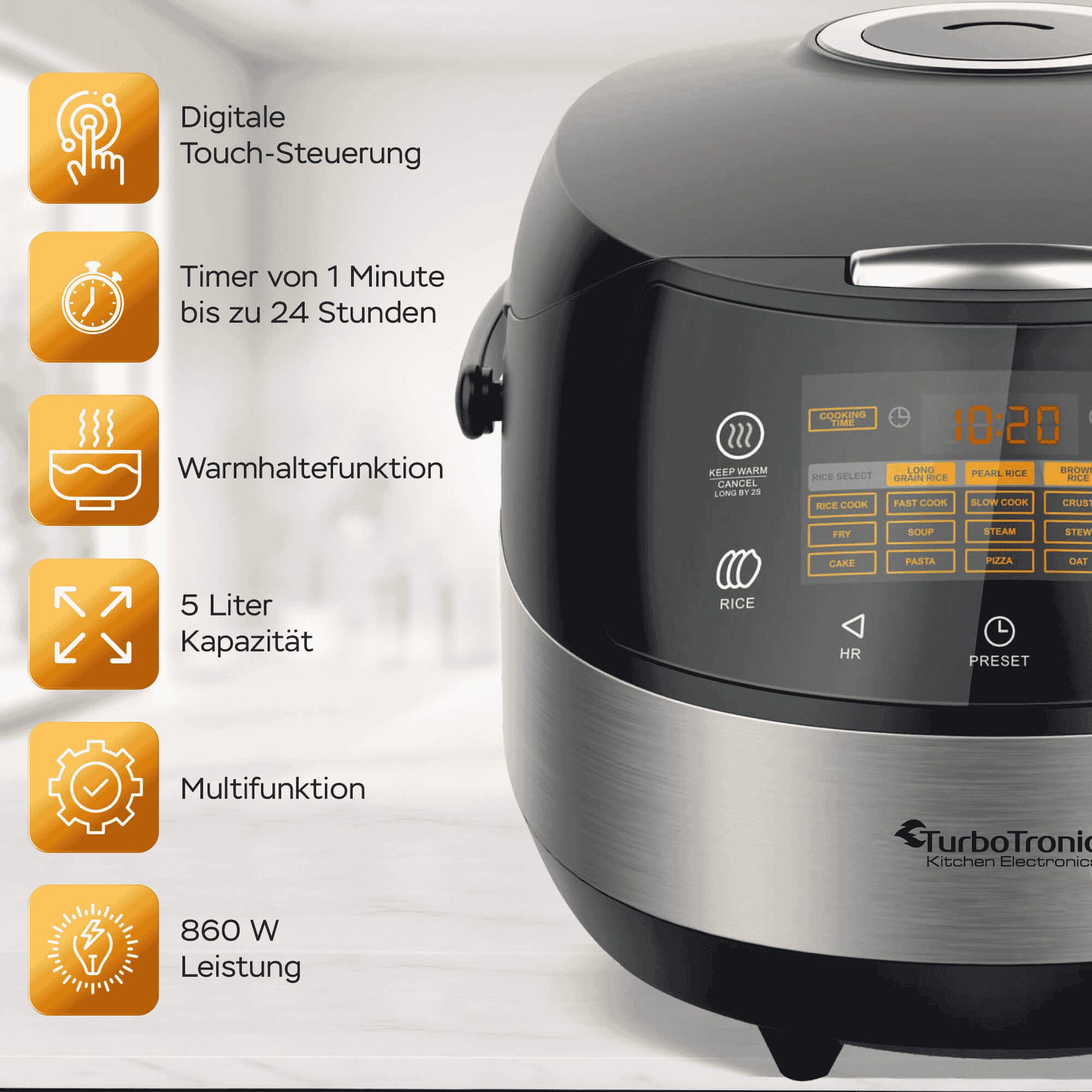 TurboTronic by Z-Line Multikocher CookMaster, 860 W, 5 l Schüssel, Praktischer Schnellkochtopf mit 15 Programmen