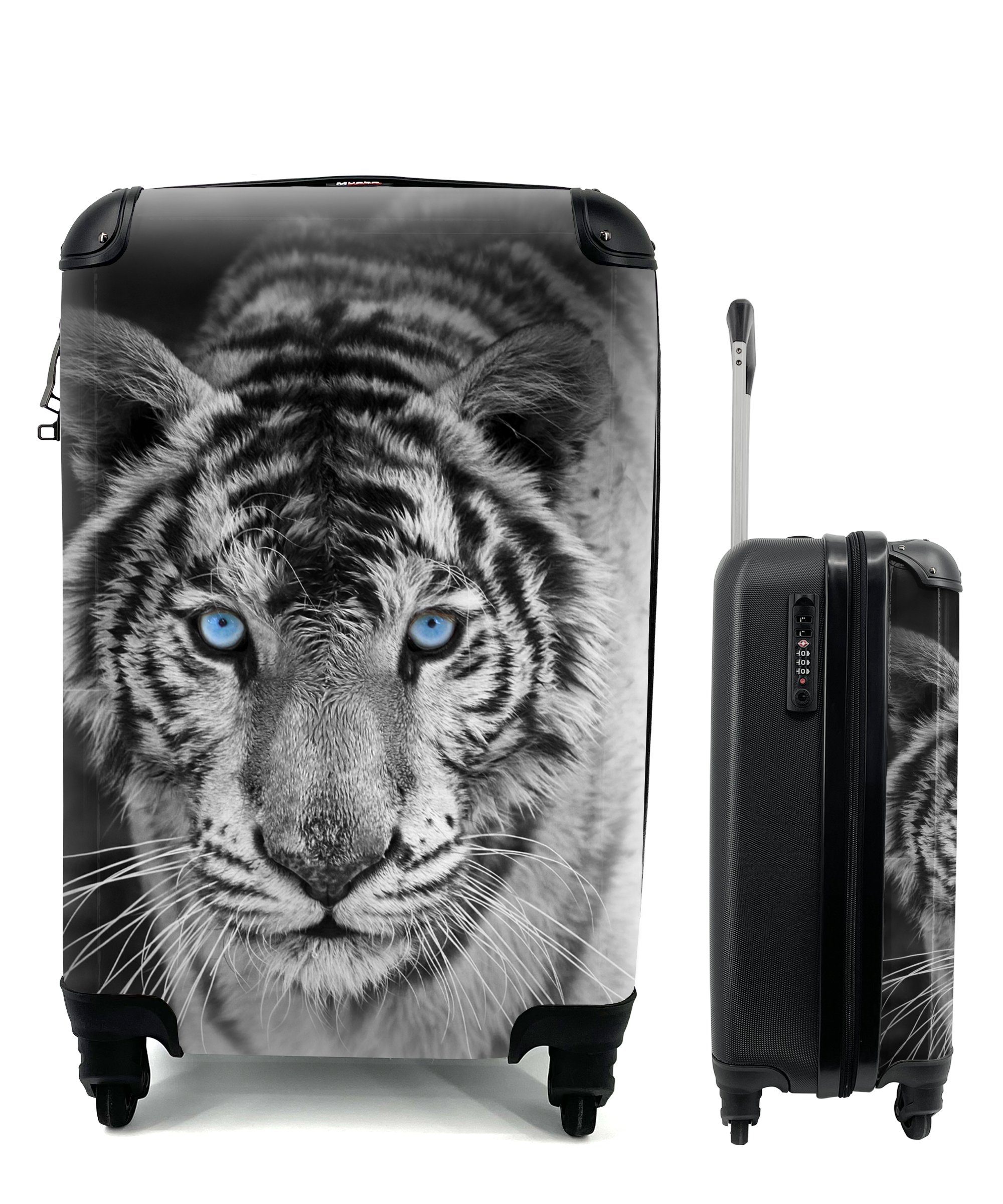 Tiere Tiger Handgepäck mit - 4 Rollen, Reisekoffer rollen, Augen - - und Ferien, MuchoWow Blau, Trolley, - für weiß Handgepäckkoffer Reisetasche Schwarz
