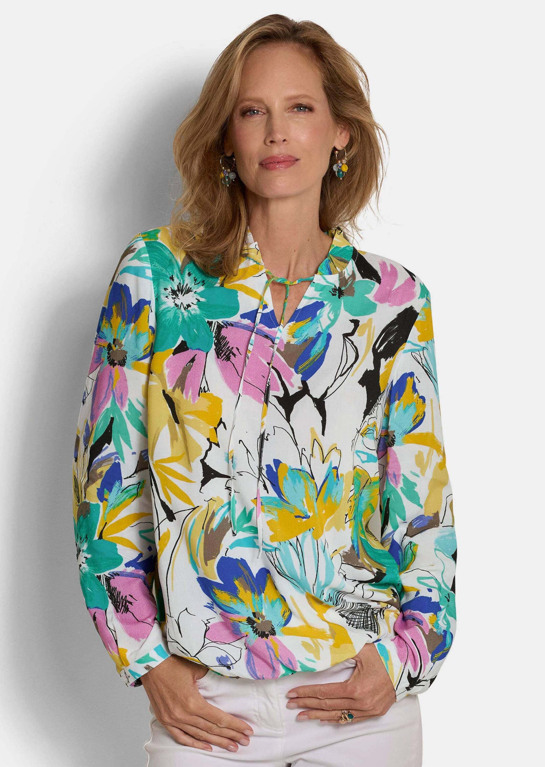 GOLDNER Schlupfbluse Viskosebluse mit Blumenprint Schlupfbluse mit Rüschenkragen, Gummibund und Langarm
