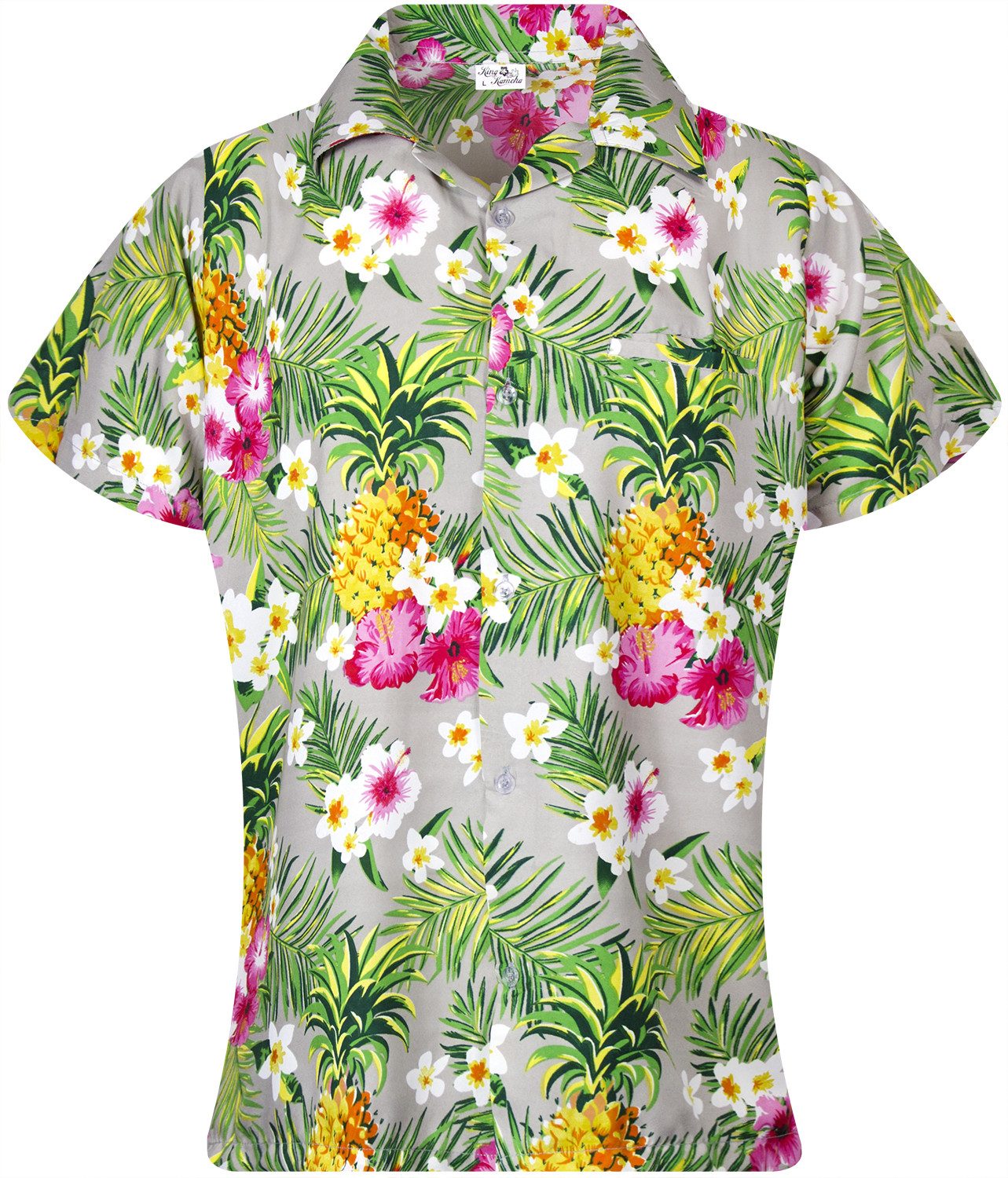 King Kameha Hawaiihemd Pineapple Flowers Funky Hawaiibluse Damen Kurzarm Front-Tasche Stylish