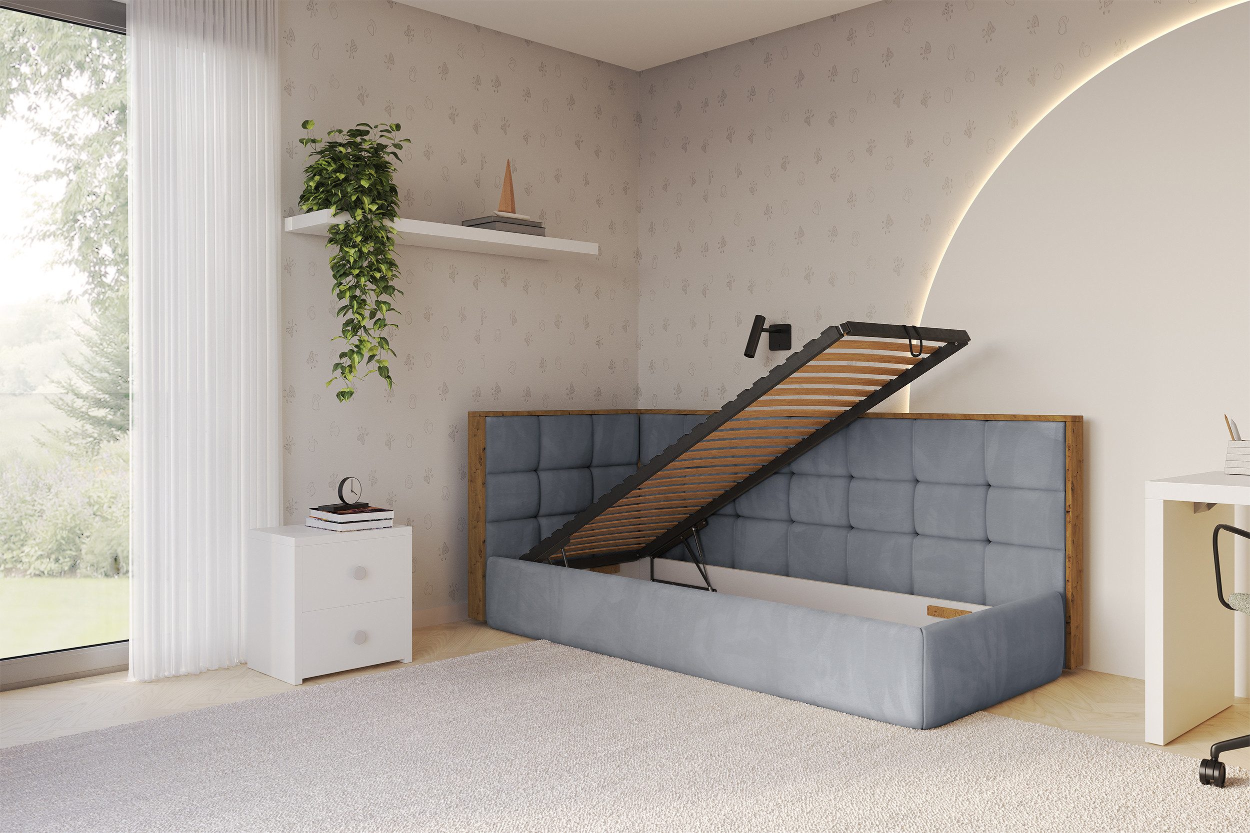 ALTDECOR Jugendbett SOVY (Jugendbett mit Bettkasten und Lattenrost, Polsterbett ohne Matratze), Einzelbett mit Stauraum, Bett mit Kopfteil
