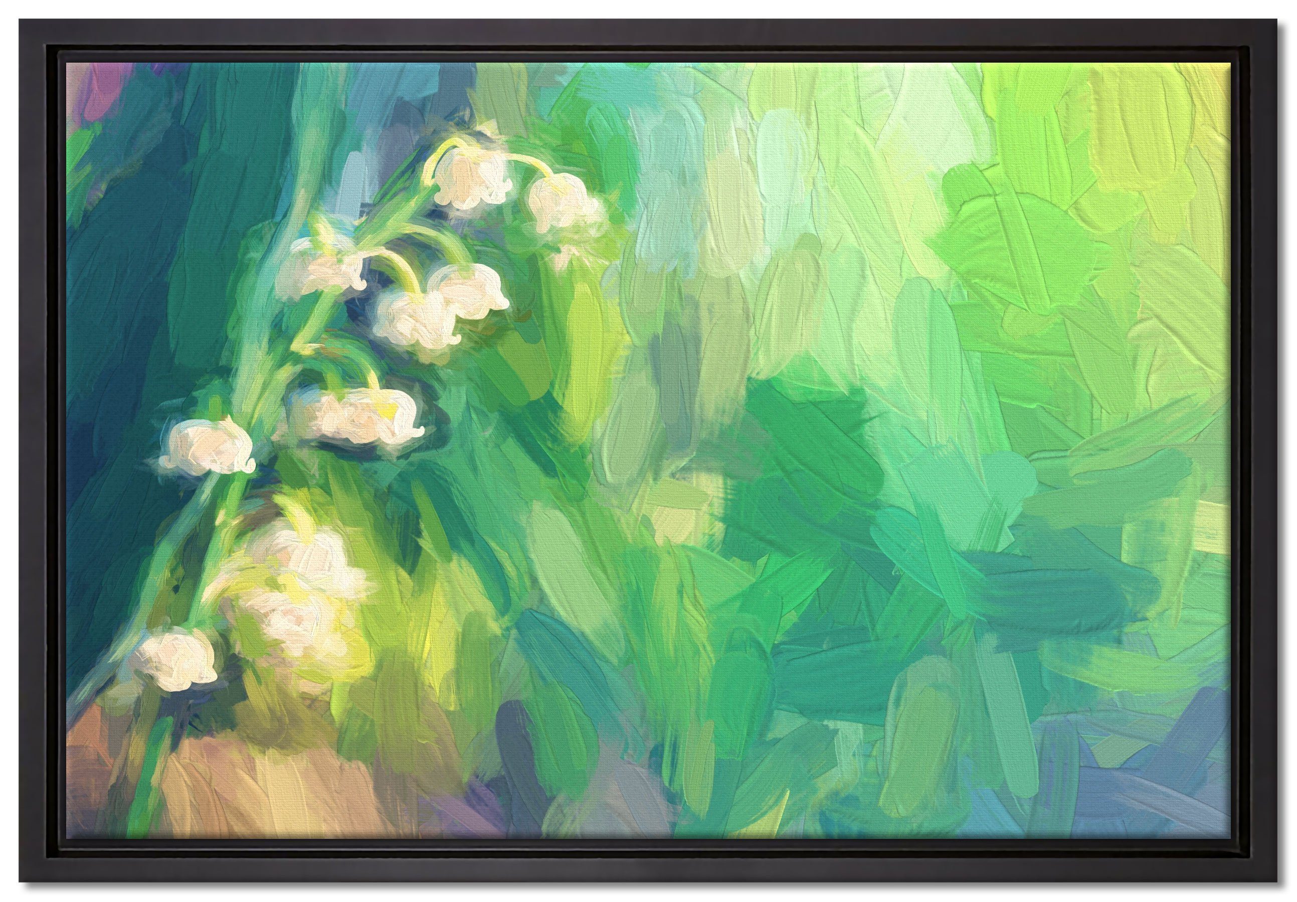 Pixxprint Leinwandbild Blühende Maiglöckchen Kunst, Wanddekoration (1 St), Leinwandbild fertig bespannt, in einem Schattenfugen-Bilderrahmen gefasst, inkl. Zackenaufhänger