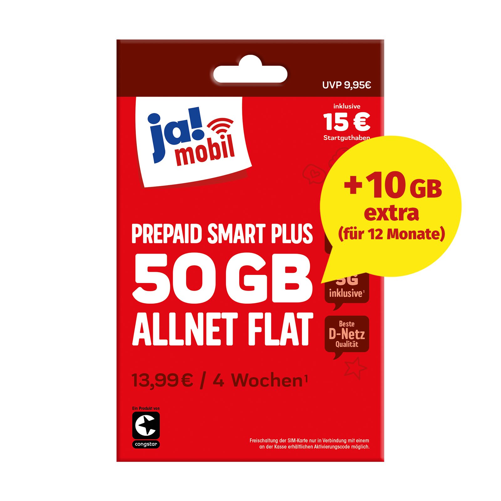 Ja! Mobil Prepaid Smart Plus Simkarte mit 13€ Startguthaben Prepaidkarte, (50 GB + 25 GB Datenpolster mit 5G, EU-Roaming inkl. Schweiz)