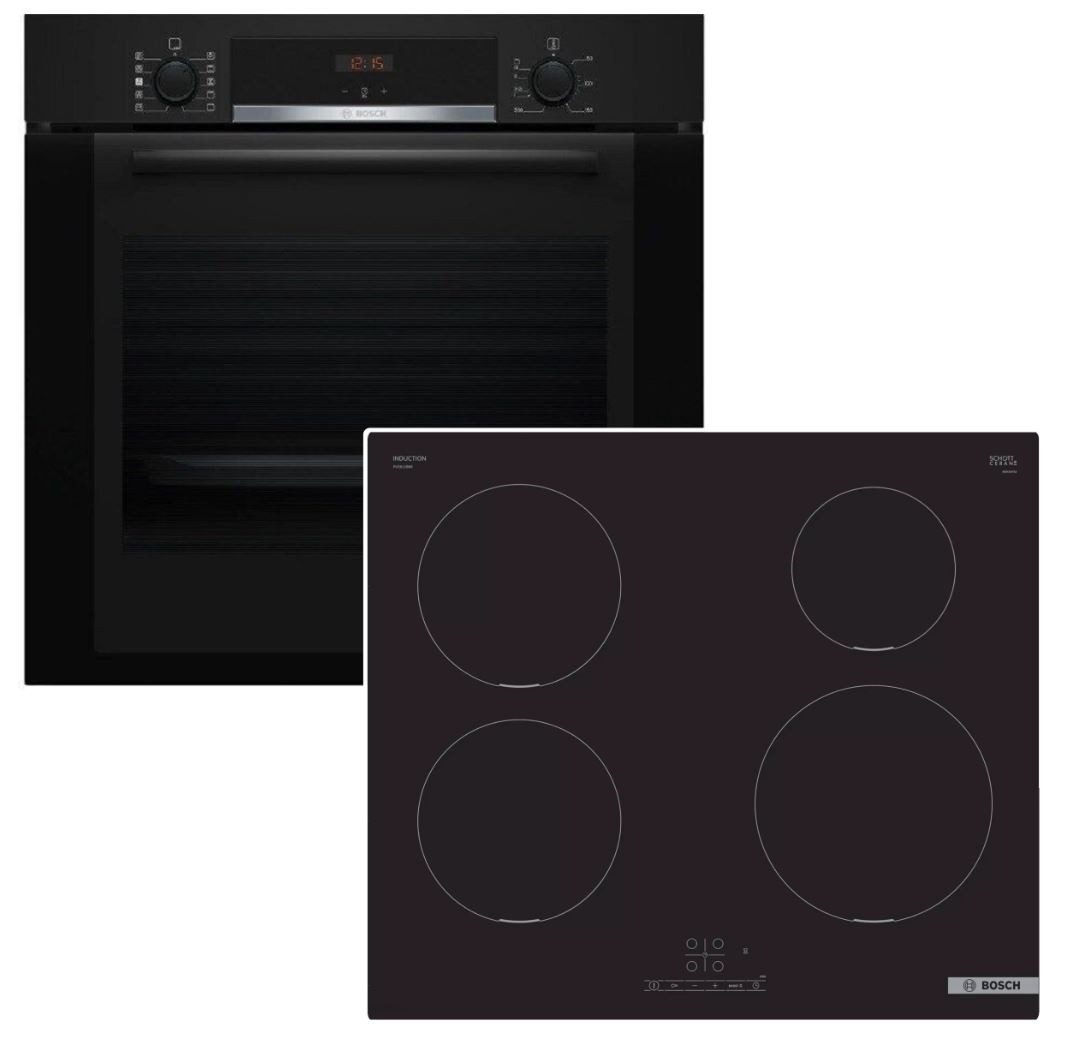 BOSCH Backofen-Set EcoCleanDirect Teleskopauszug + Induktionskochfeld Booster autark 60cm