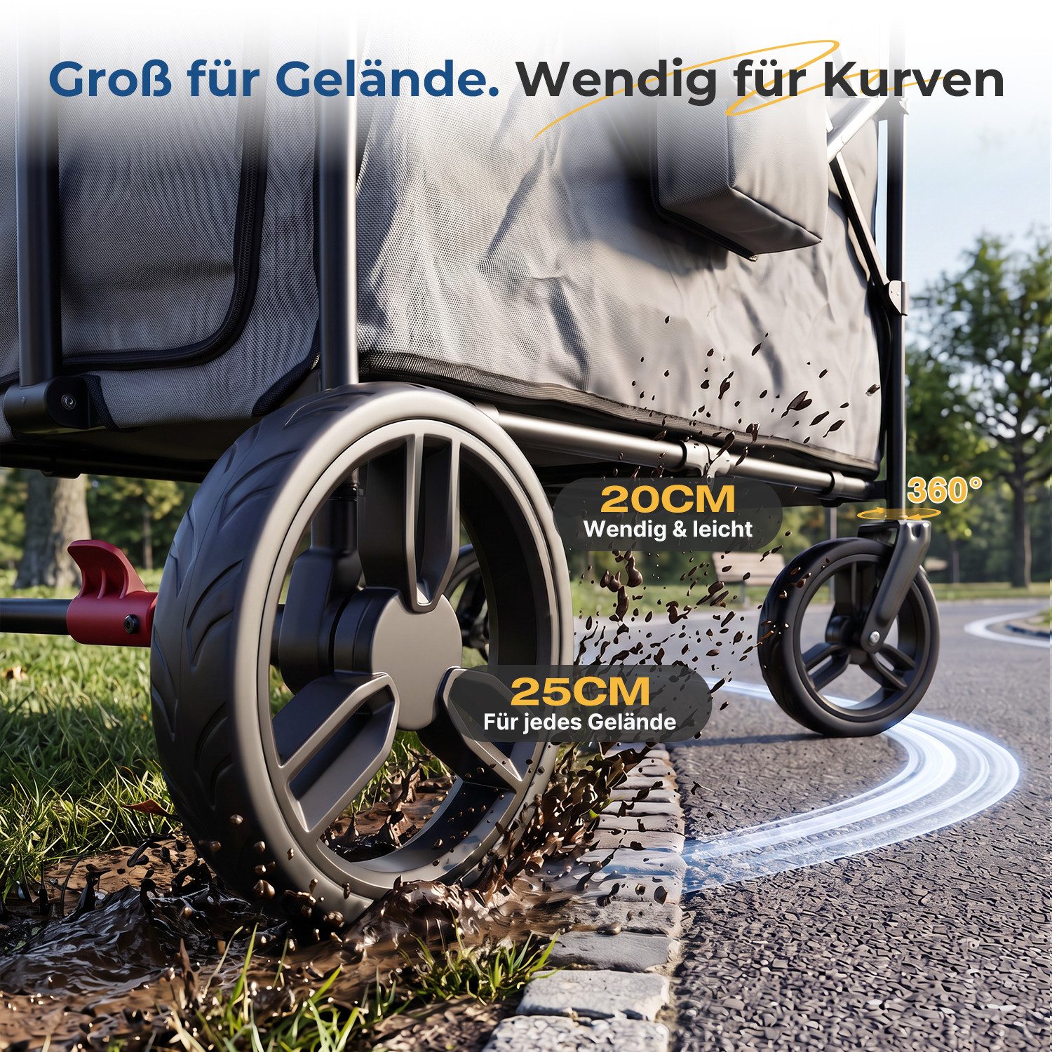 SUNULA Bollerwagen Kinder Bollerwagen für 2 Kinder mit Dach, Schiebe- und Zieh Funktion, Faltbar Kinderwagen mit XXL-Rädern (25/20 cm) und 5-Punkt-Gurtsystem – Bild 3 von 5