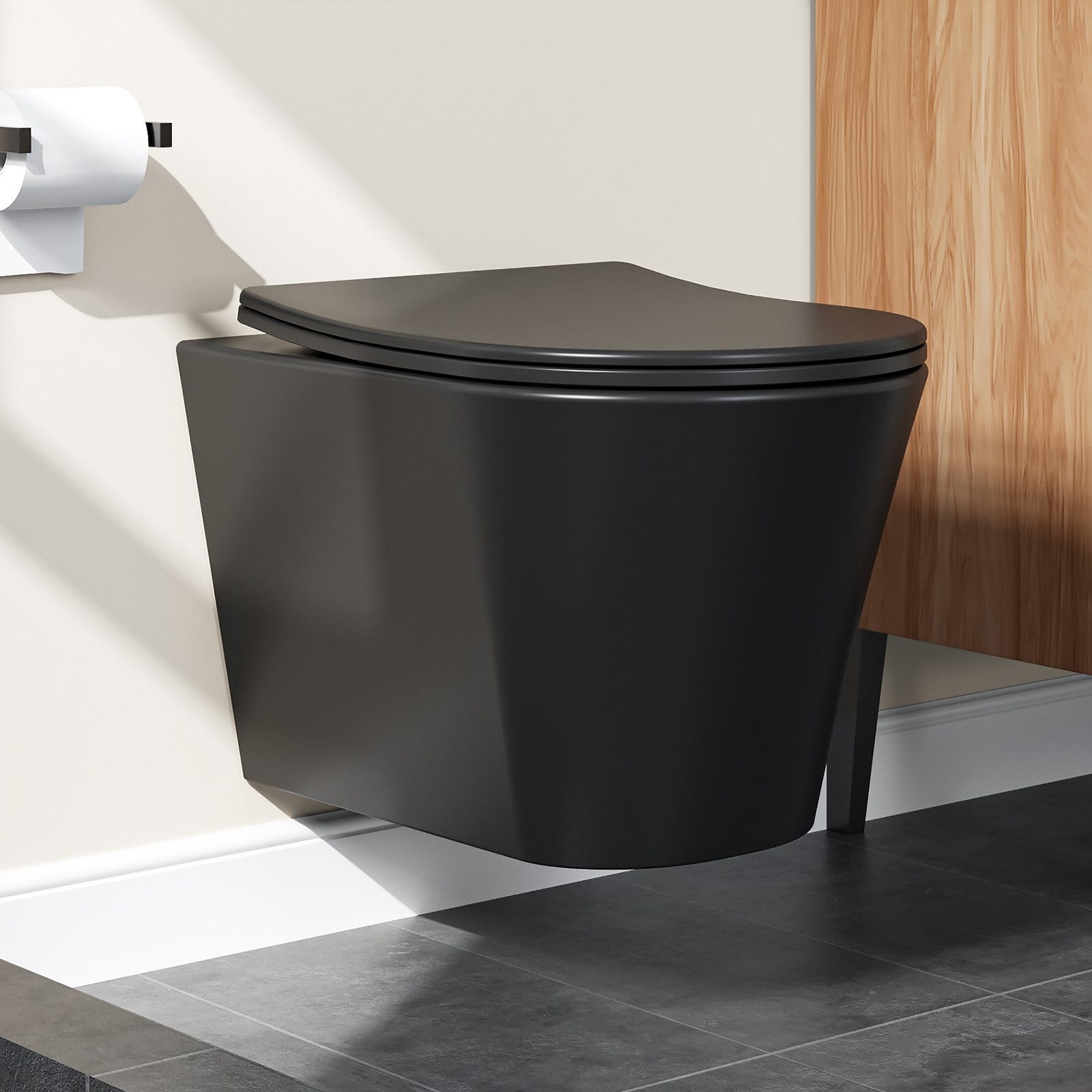 HOROW Tiefspül-WC spülrandlose Hänge WC Toilette, wandhängend, Abgang WC, Set, Schwarz Matt Spülrandlos Wand-WC mit WC-Sitz Absenkautomatik