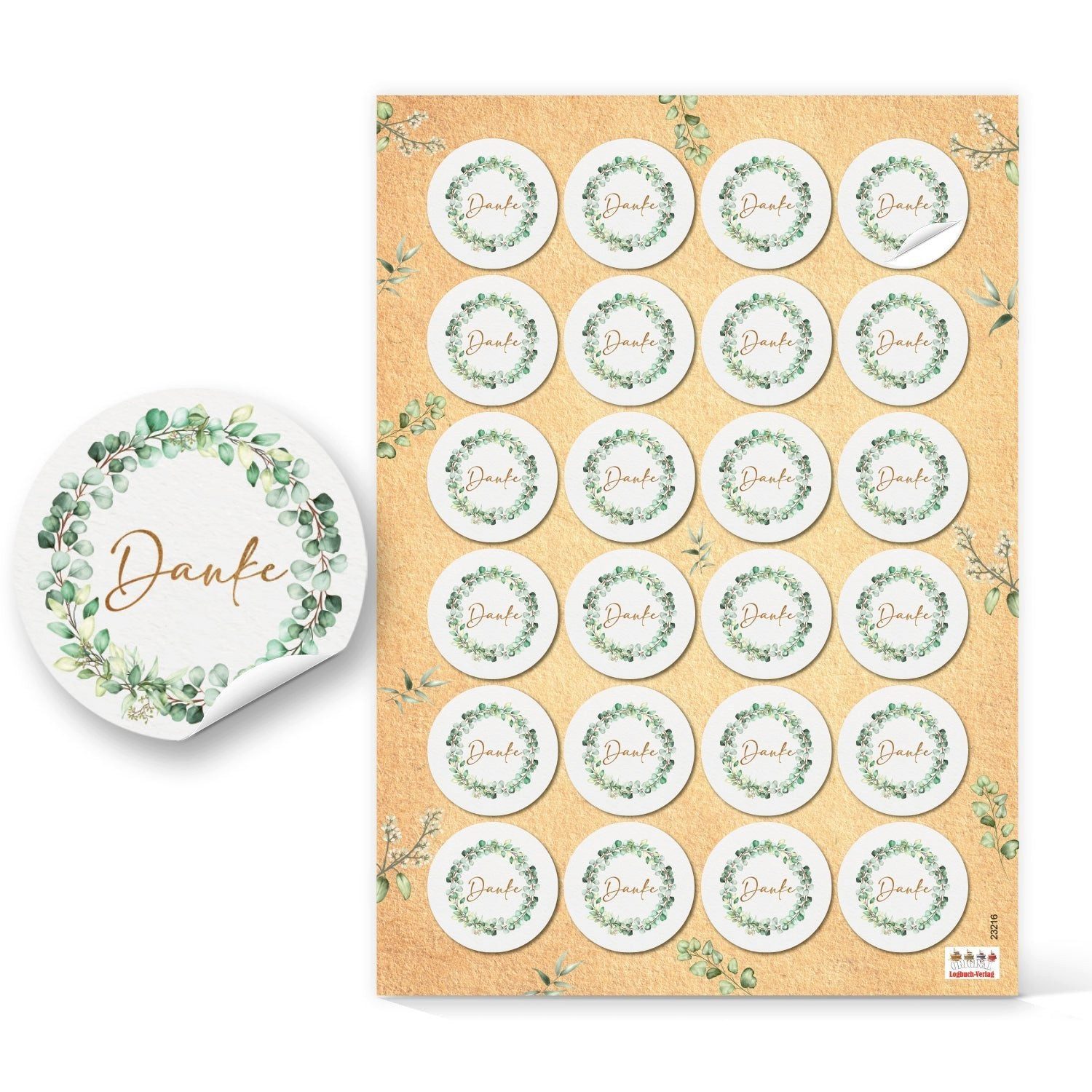 Logbuch-Verlag Dekofigur Danke Aufkleber Eukalyptus Sticker grün gold Ø 4 cm (1 Bogen = 24