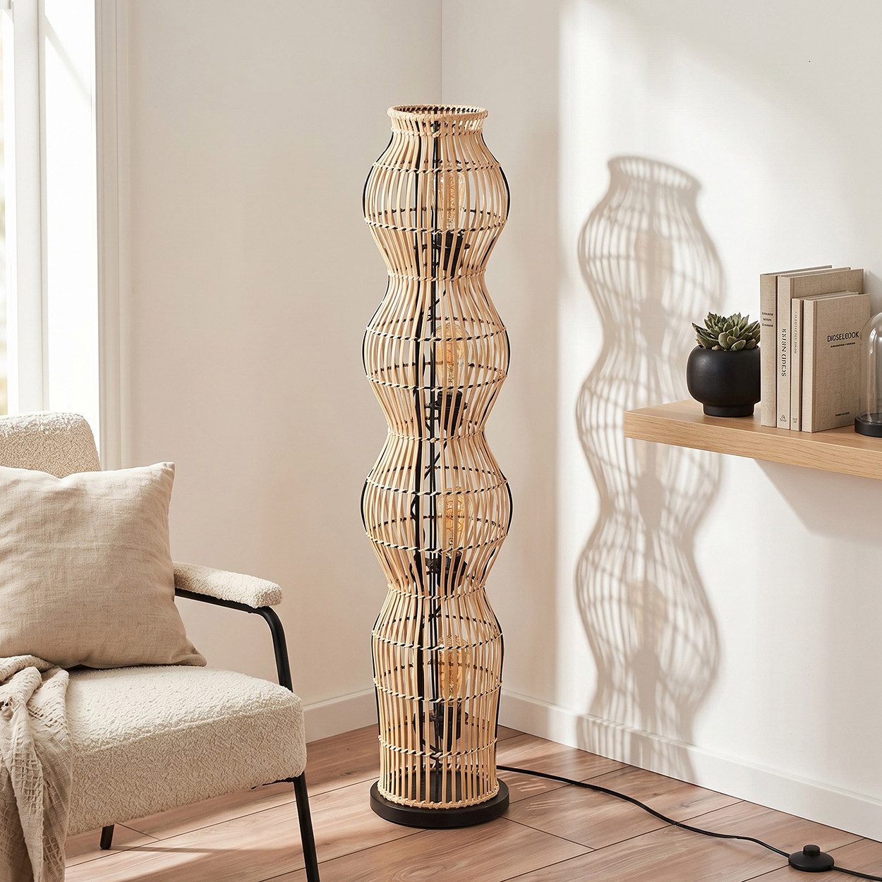 hofstein Stehlampe Stehlampe im skandinavischen Design mit Schirm aus Bambus in Natur, ohne Leuchtmittel, Stehleuchte im Boho-Style mit Lichteffekt und Fußschalter, E27, 110 cm