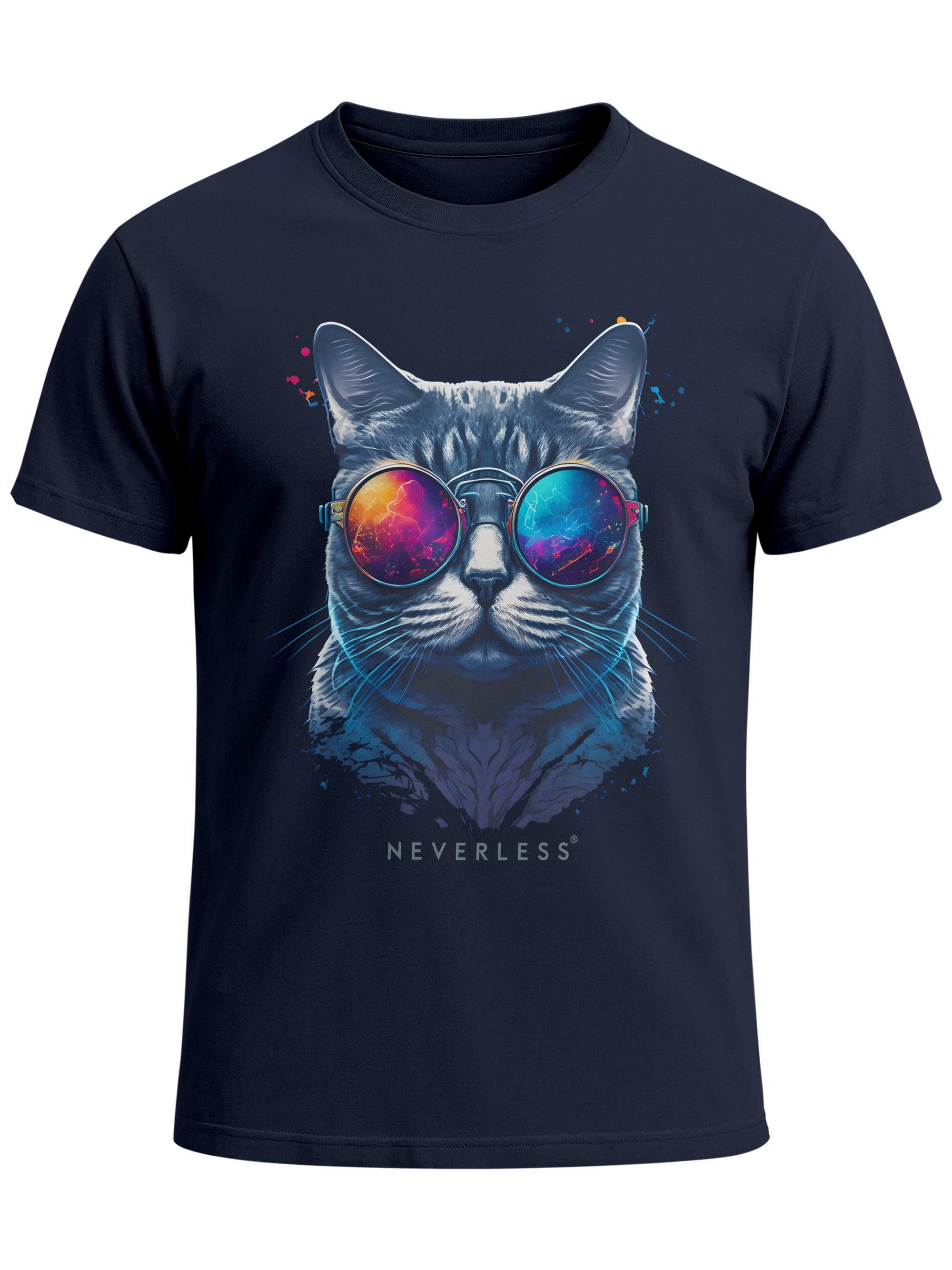 Neverless Print-Shirt Herren T-Shirt Aufdruck Katze Cat Sommer Sonnenbrille Style Fashion mit Print