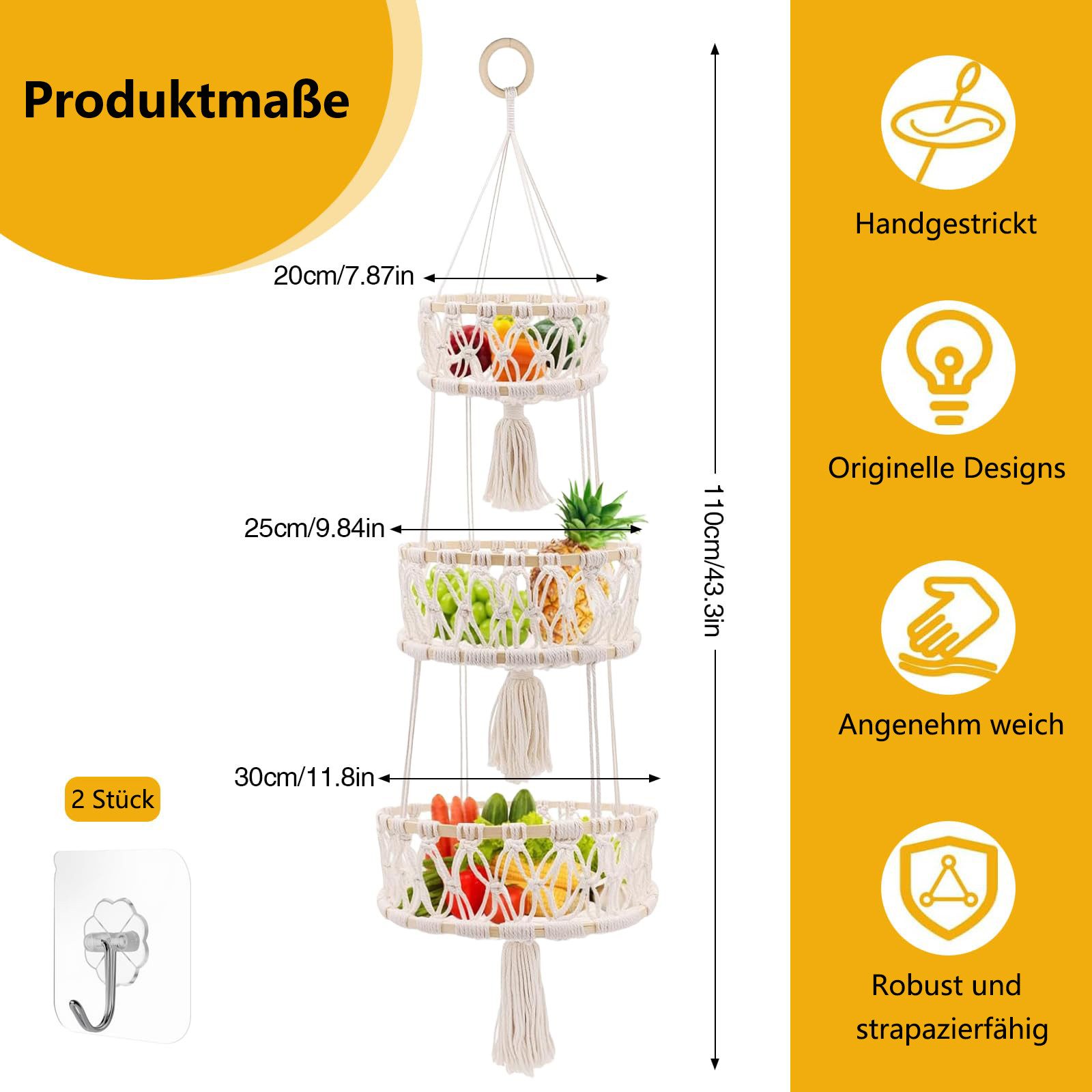 FOUORTUNATE-BEE Hängekorb 3 Stöckig Obstkorb Makramee Hängekorb zur Obst Aufbewahrung