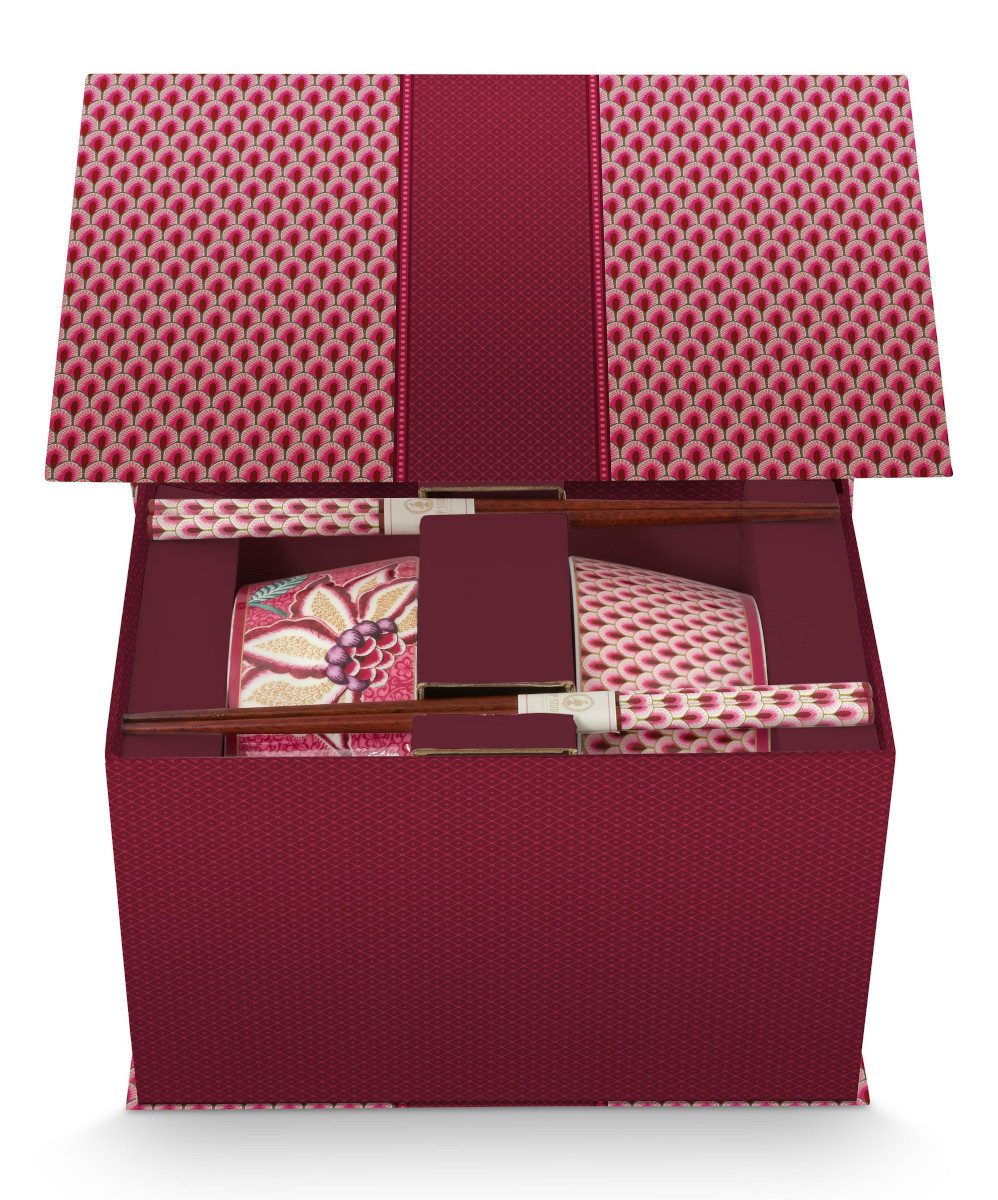PiP Studio Schale Flower Festival Oriental Geschenkset Schalen und Essstäbchen dark pink, Porcelain, (Bowls), Giftset Bowls 15cm & Chopsticks Oriental Flower Festival Dar