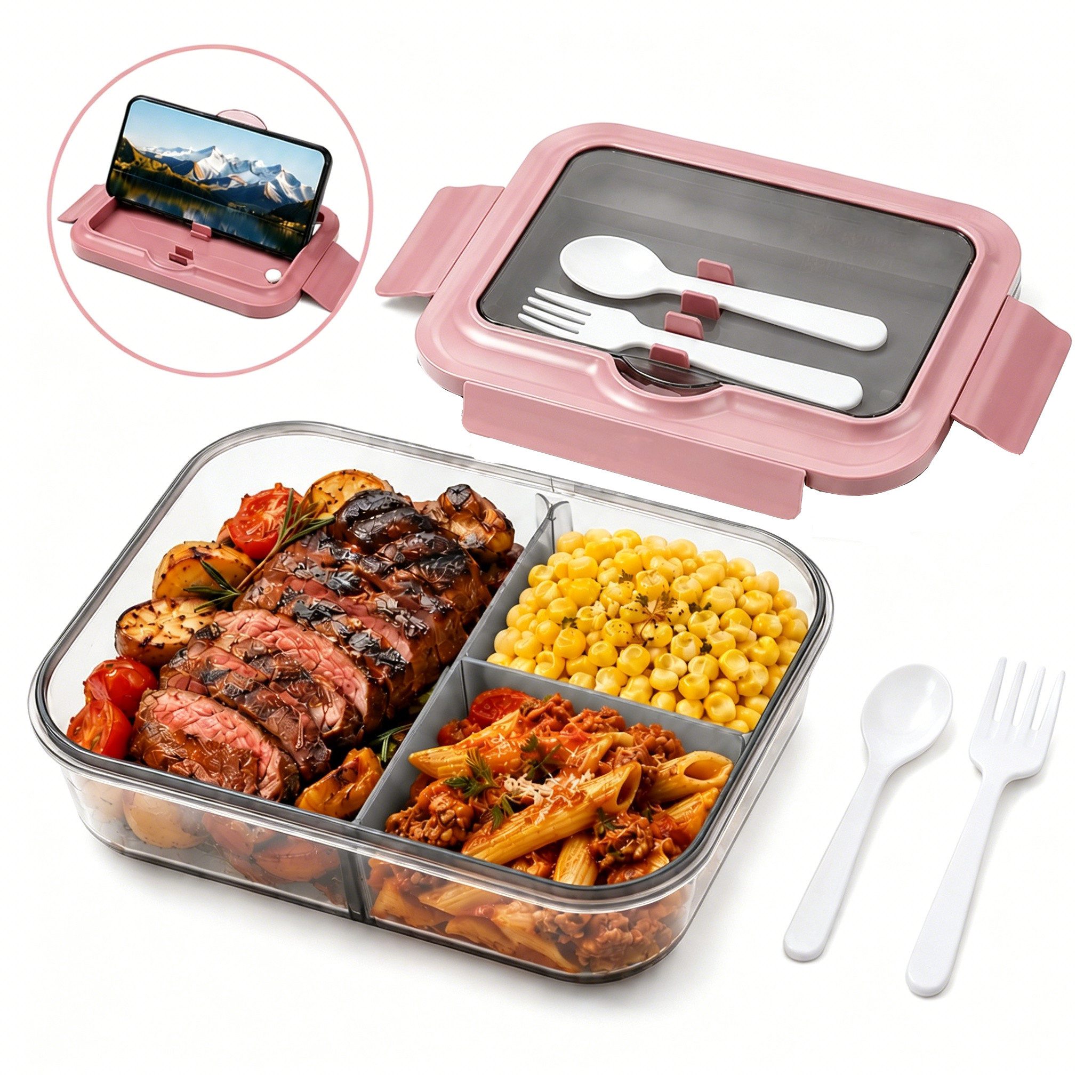 Diwzbyn Lunchbox Lunchbox 1400ml, 3 Fächer, Mit Löffel & Gabel, Auslaufsicher, Mikrowellen- & Spülmaschinengeeignet, Deckel als Handyhalter