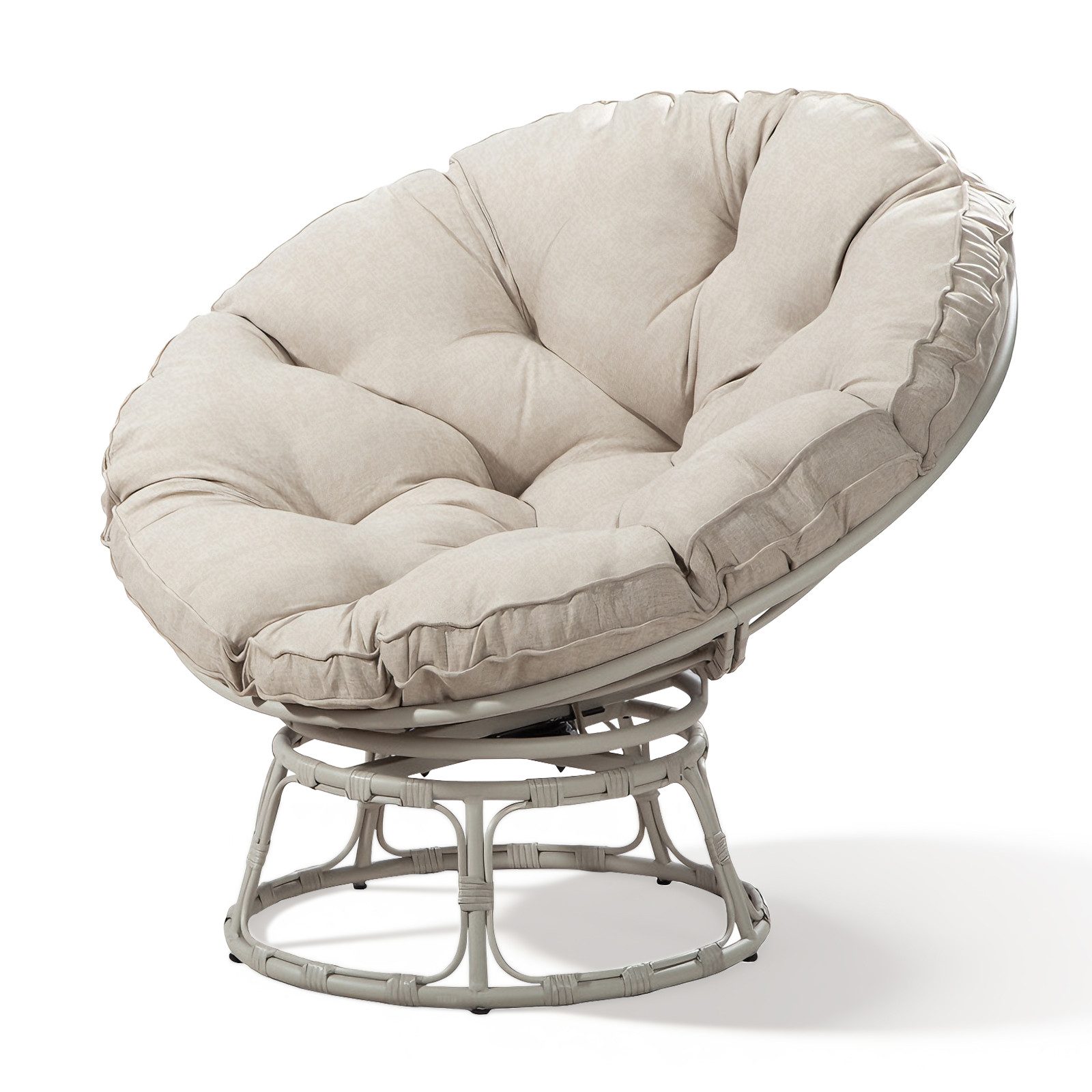 TWSOUL Rattanstuhl Drehsessel mit gepolstertem Kissen, runder Stahlrahmen Loungesessel, B102xH94cm Bis 170kg Balkon Garten Wohnzimmer Schlafzimmer, Cremeweiß
