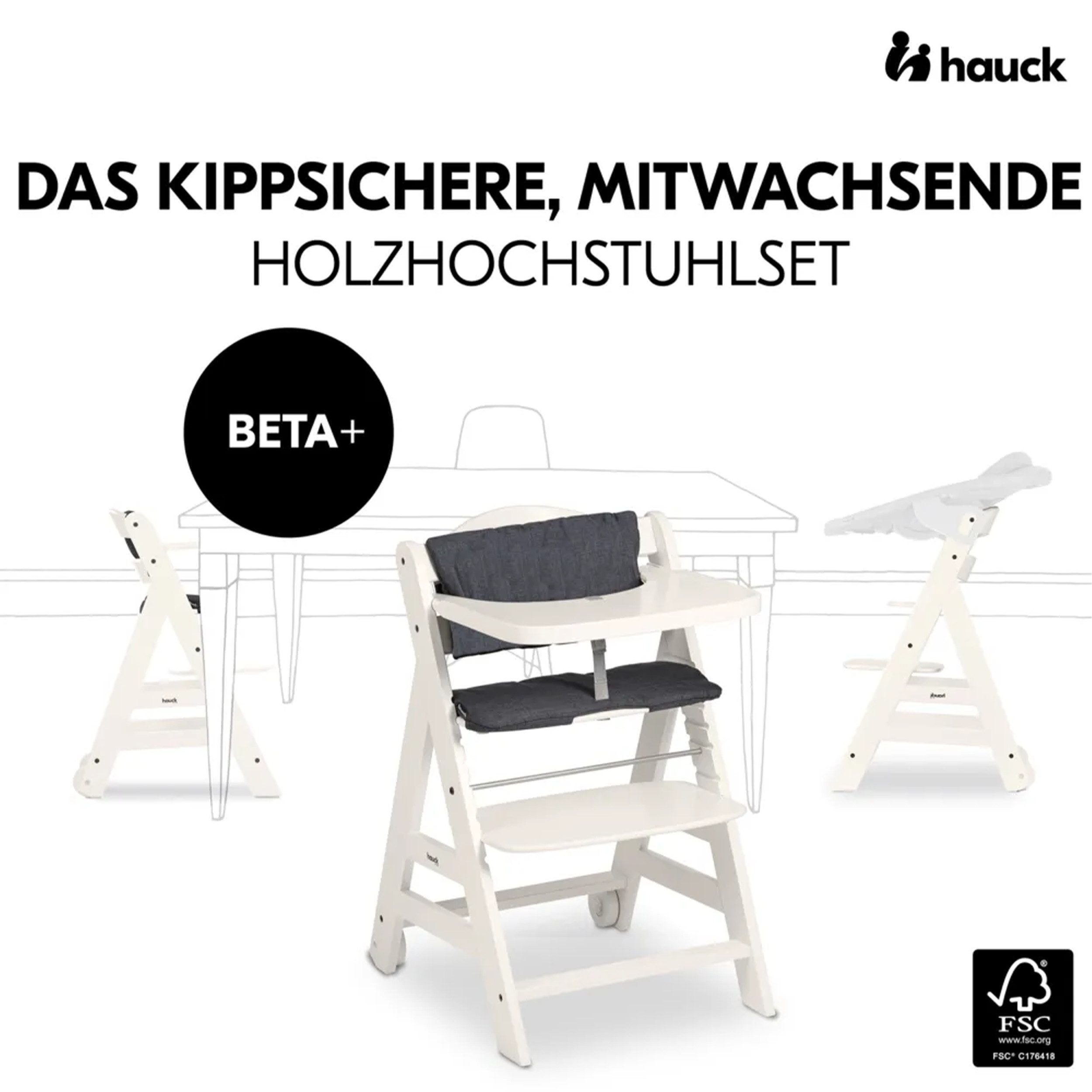 Hauck Hochstuhl Beta Plus Newborn Set Deluxe - White, Holz Babystuhl ab Geburt mit Neugeborenenaufsatz, Sitzkissen, Essbrett