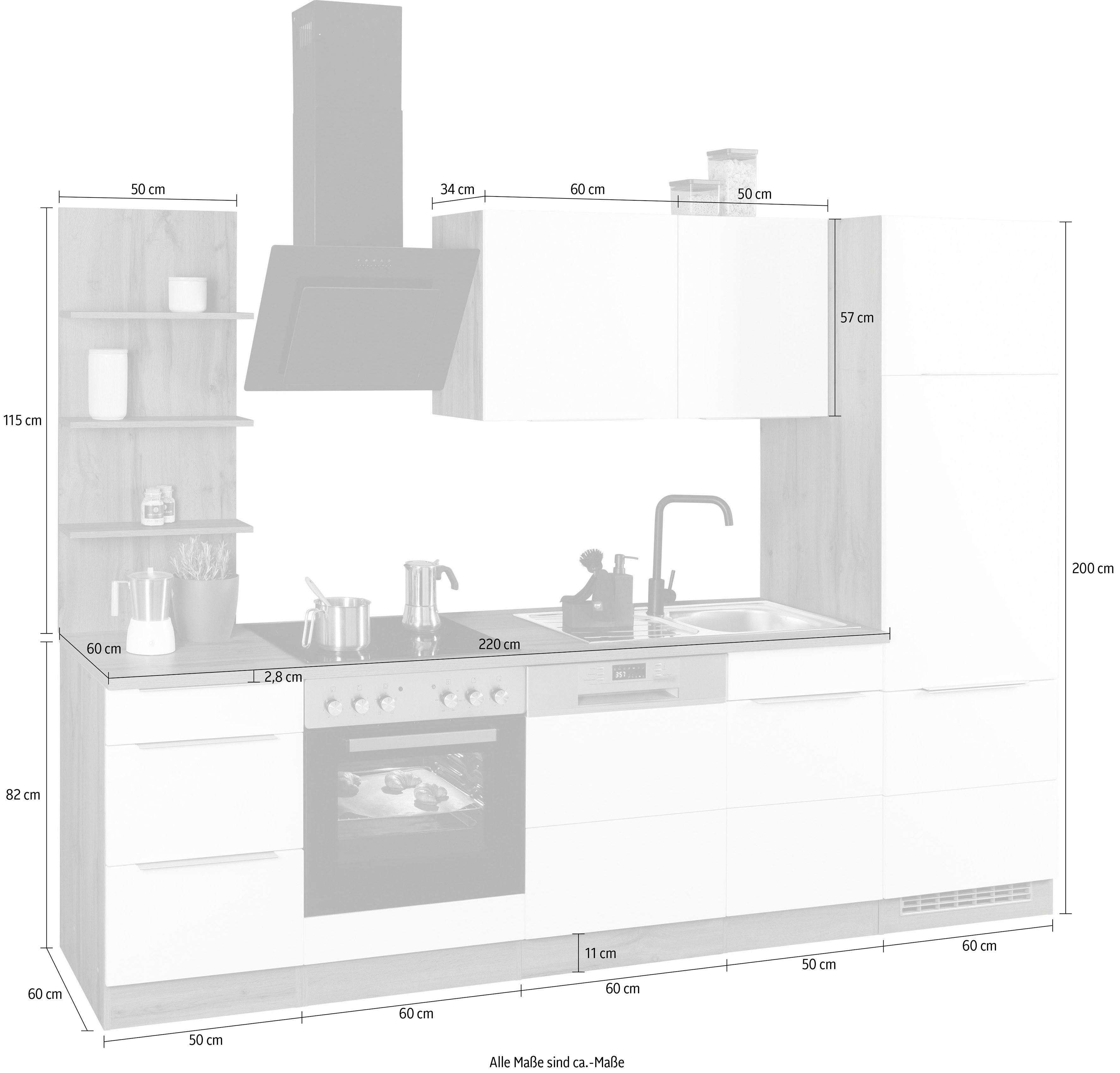 HELD MÖBEL Küchenzeile Brindisi, mit E-Geräten, Breite | weiß 280 cm wotaneichefarben Hochglanz/wotaneichefarbe