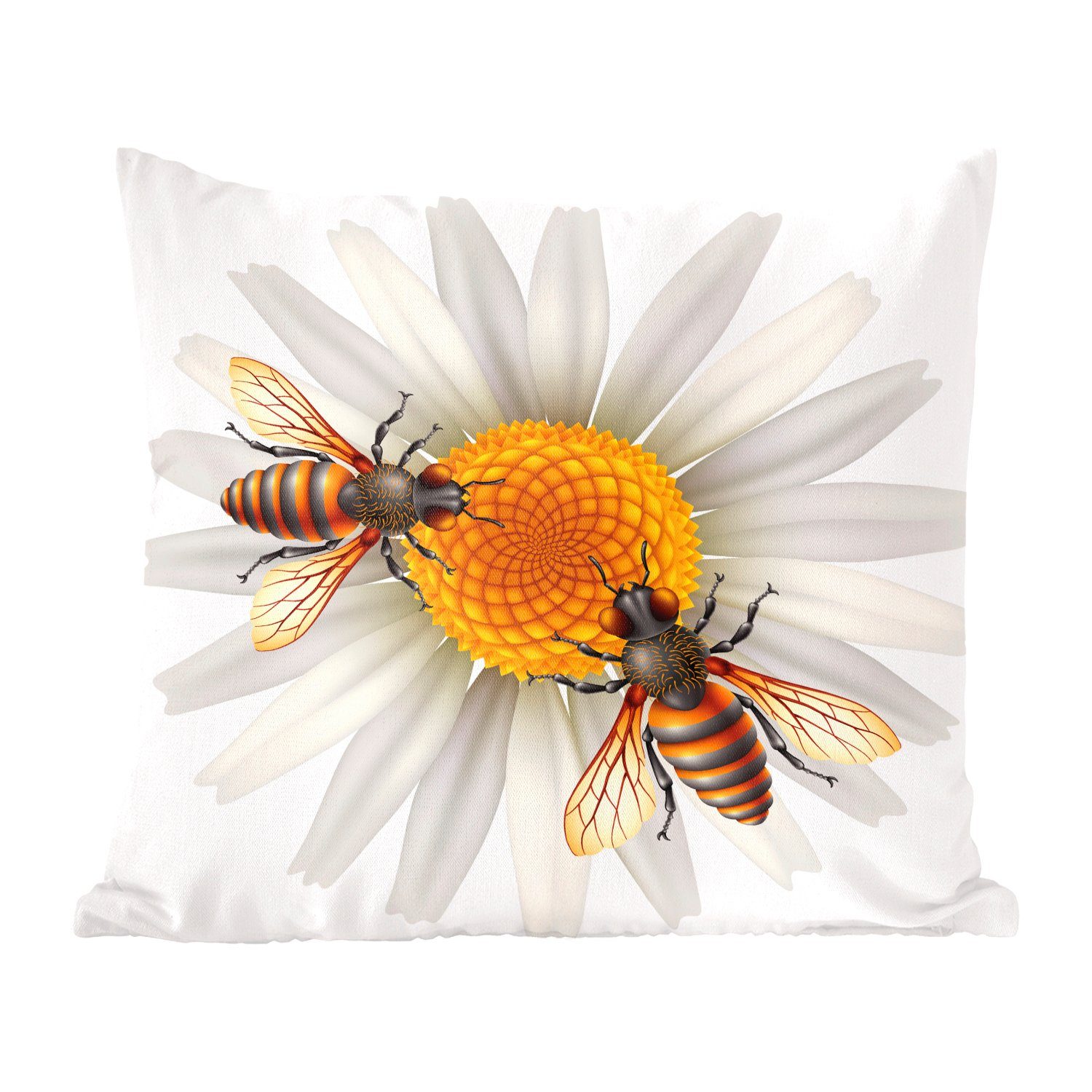 MuchoWow Dekokissen Illustration von Bienen auf einer Blume, Zierkissen mit Füllung für Wohzimmer, Schlafzimmer, Deko, Sofakissen