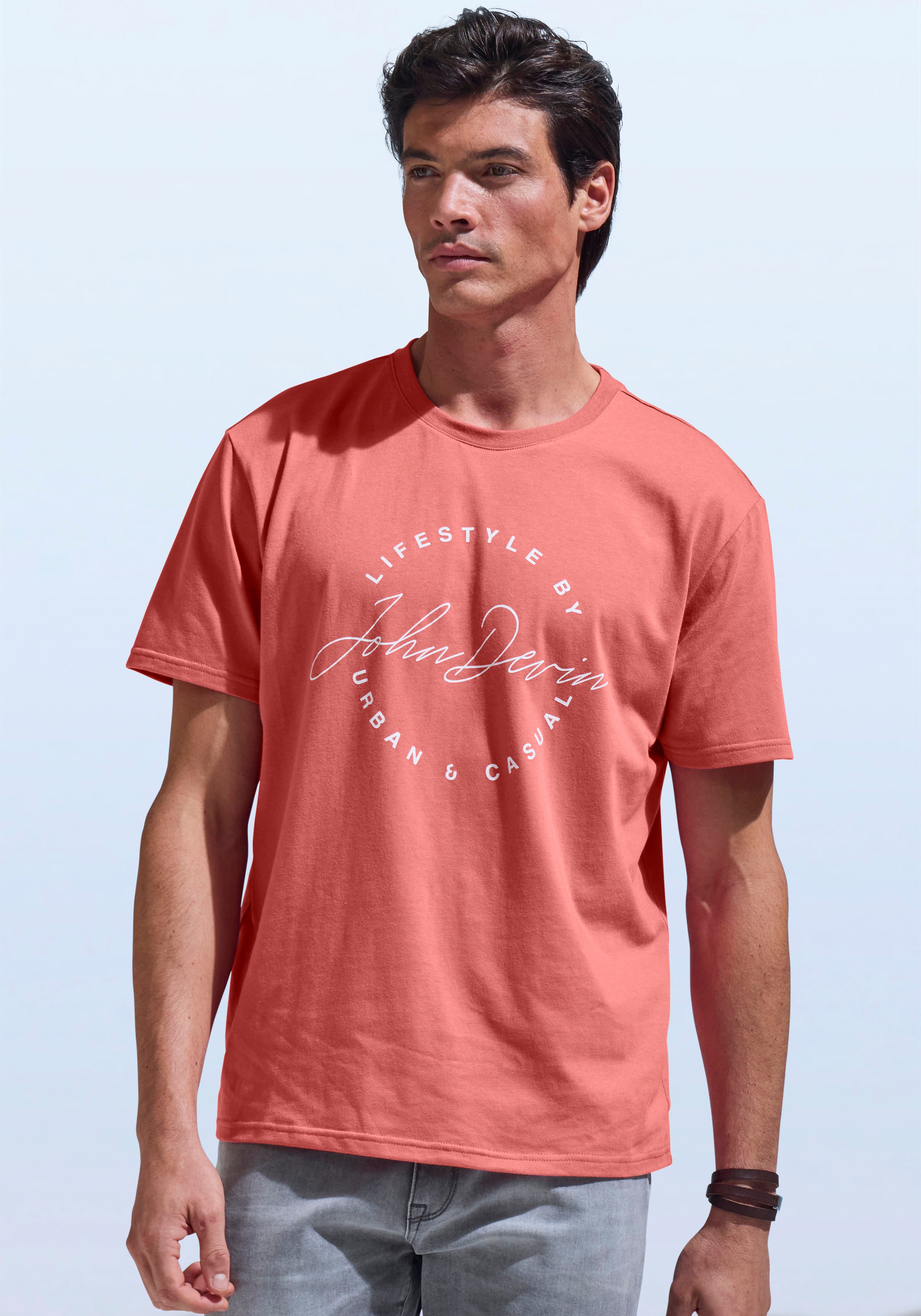 John Devin T-Shirt Rundhalsshirt mit Print aus reiner Baumwolle günstig online kaufen