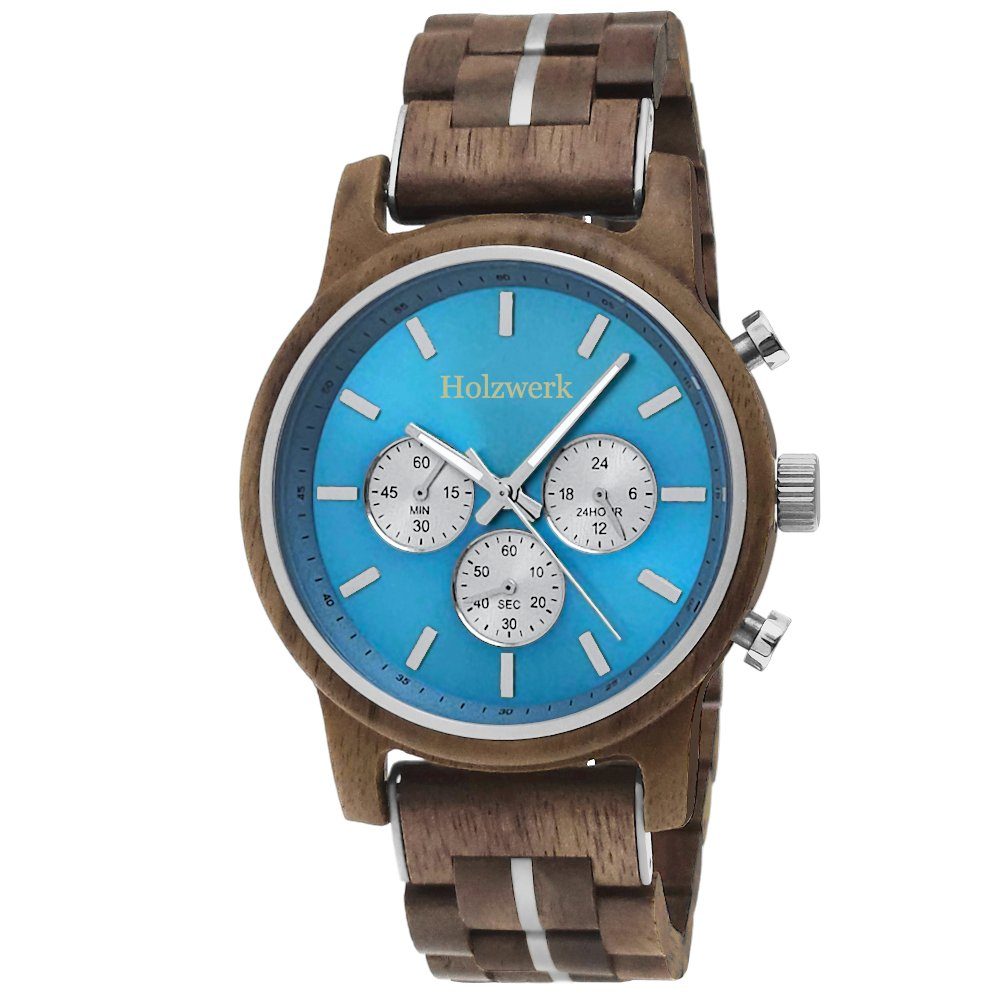 Holzwerk Chronograph Herren Designer Holz Armband Uhr, Zifferblatt Hellblau, (inklusive Armbandkürzer), Holz Unikate, ideal auch als Geschenk, Hochwertiges Quarzwerk